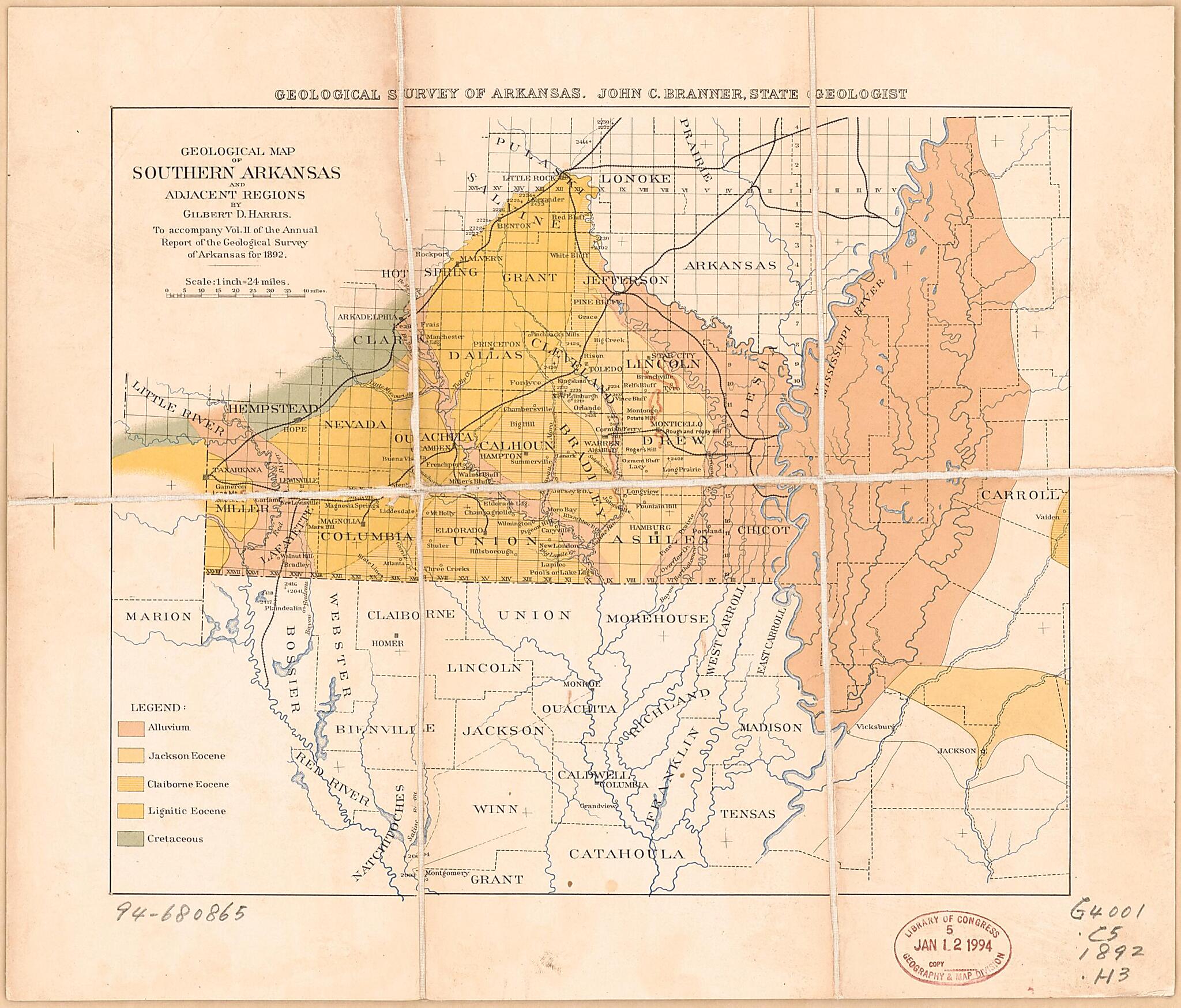This old map of Geological Map of Southern Arkansas and Adjacent Regions from 1892 was created by John Casper Branner, Geological Survey of Arkansas, Gilbert D. (Gilbert Dennison) Harris in 1892