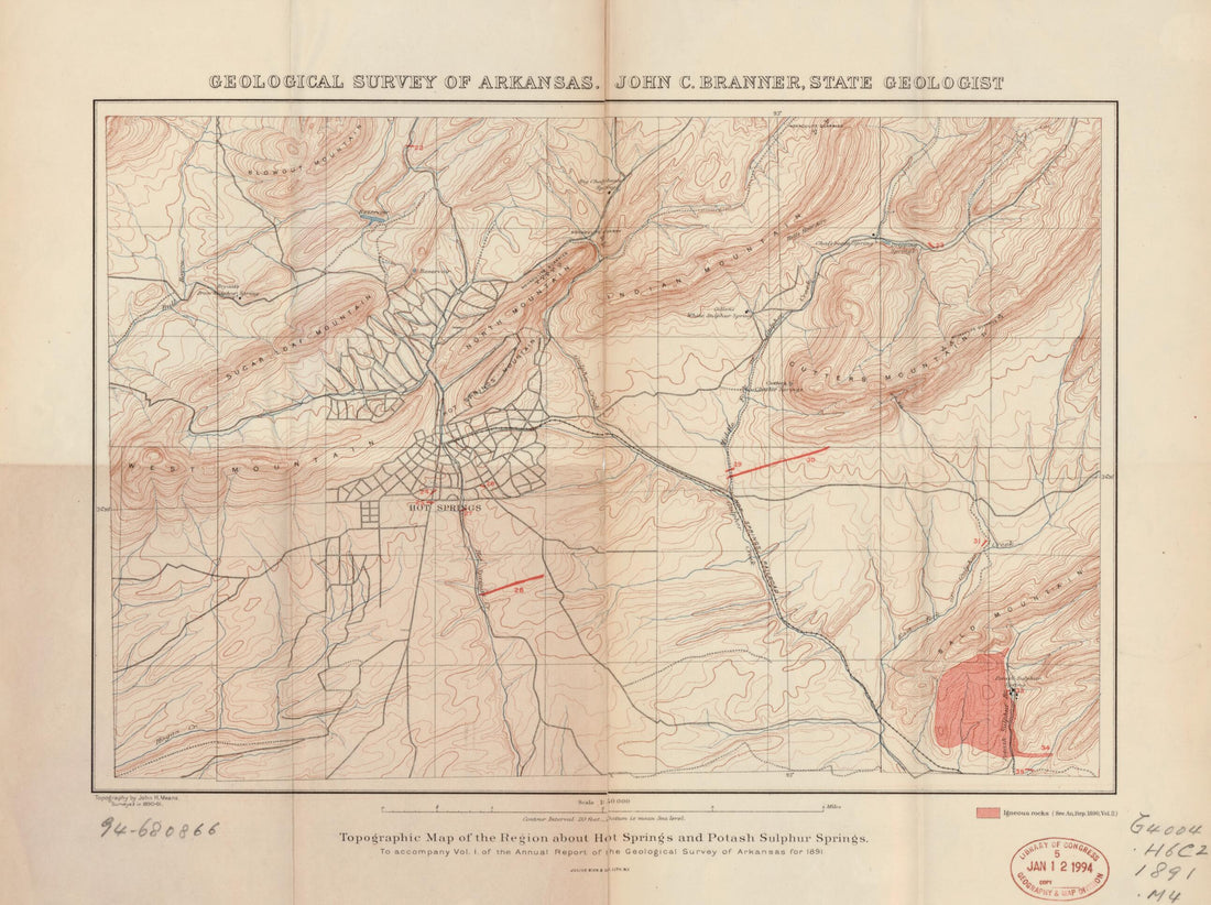 This old map of Topographic Map of the Region About Hot Springs and Potash Sulphur Springs from 1891 was created by John Casper Branner, Geological Survey of Arkansas, John H. Means in 1891