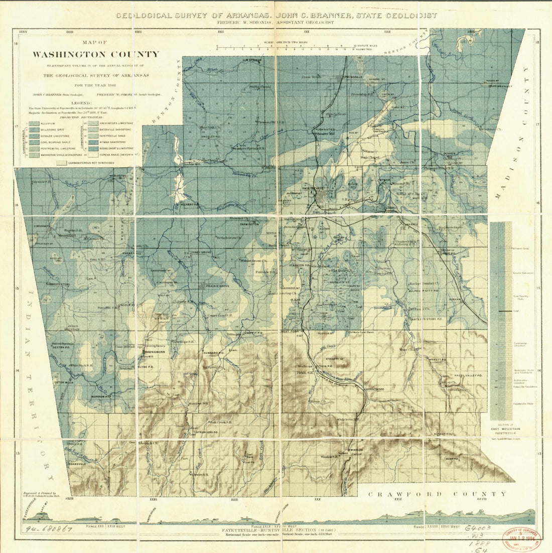 This old map of Map of Washington County from 1888 was created by John Casper Brenner, Geological Survey of Arkansas, Frederic W. Simonds in 1888