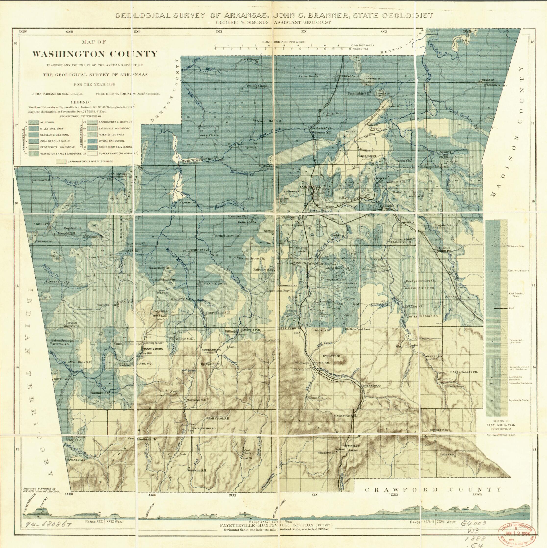 This old map of Map of Washington County from 1888 was created by John Casper Brenner, Geological Survey of Arkansas, Frederic W. Simonds in 1888