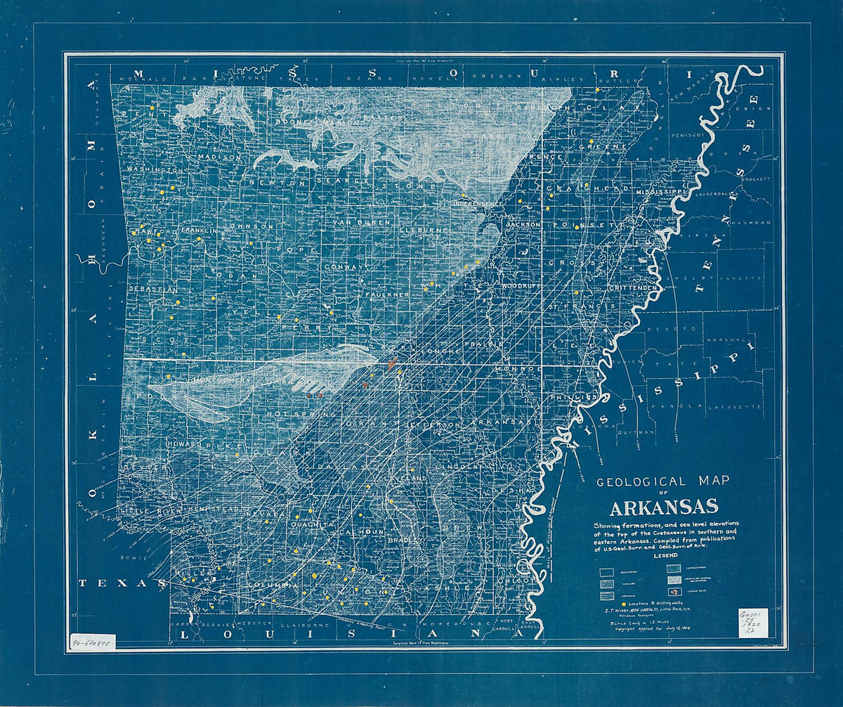 Geological Map of Arkansas : Showing Formation of the Cretaceous In Southern and Eastern Arkansas 1920 by Relic Map Company