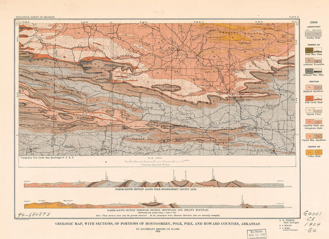 This old map of Geologic Map, With Sections, of Portions of Montgomery, Polk, Pike, and Howard Counties, Arkansas from 1909 was created by Geological Survey of Arkansas in 1909