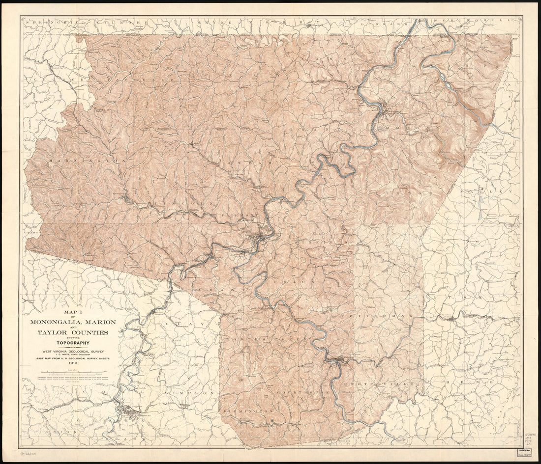 This old map of Map 1 of Monongalia, Marion, and Taylor Counties Showing Topography from 1913 was created by West Virginia Geological and Economic Survey, I. C. (Israel Charles) White in 1913