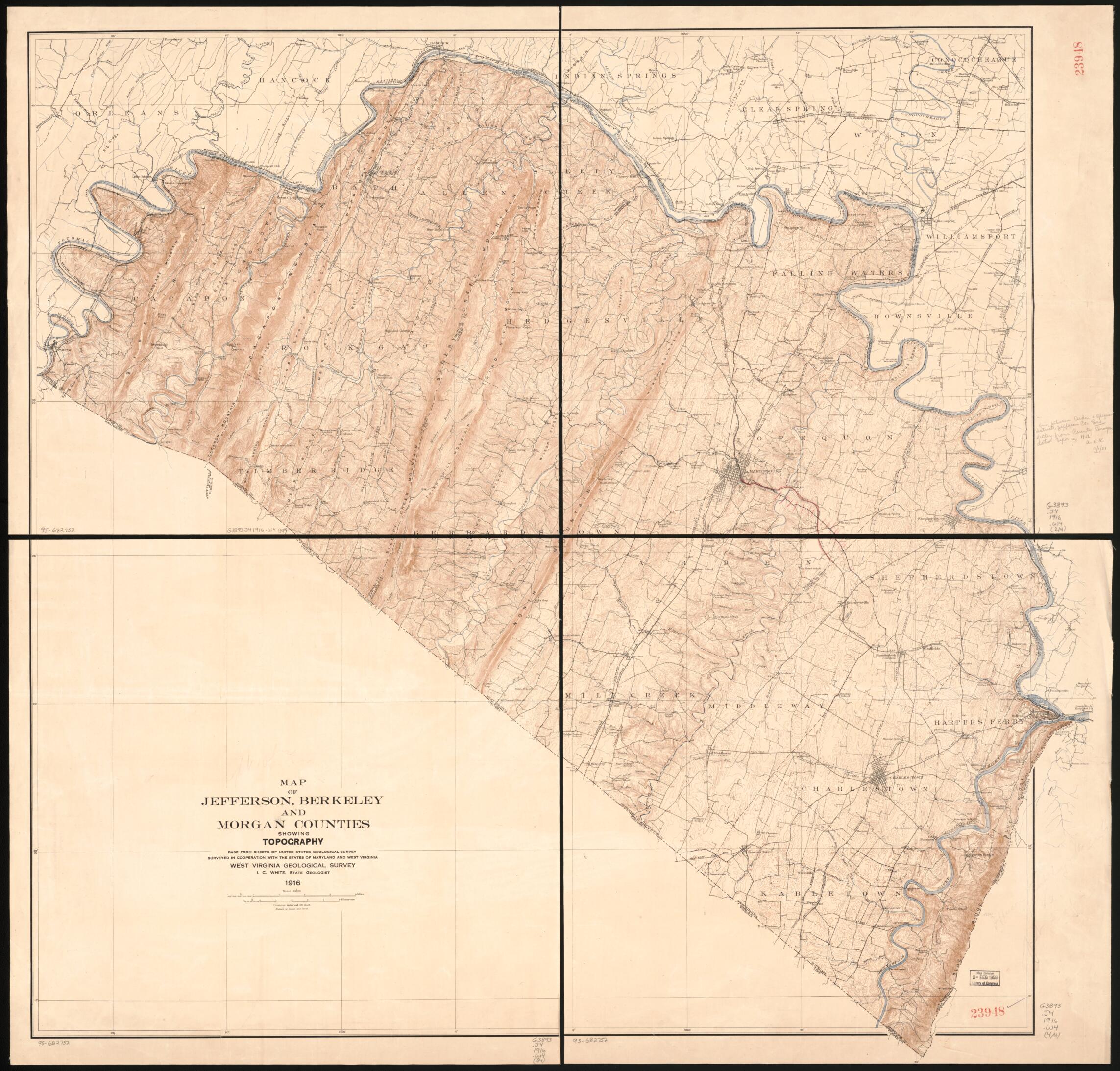This old map of Map of Jefferson, Berkeley, and Morgan Counties Showing Topography from 1916 was created by West Virginia Geological and Economic Survey, I. C. (Israel Charles) White in 1916