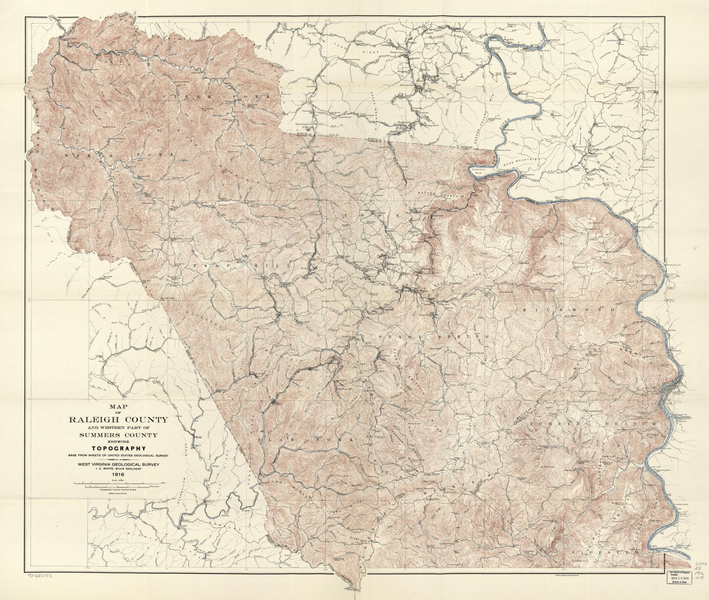 This old map of Map of Raleigh County and Western Part of Summers County Showing Topography from 1916 was created by West Virginia Geological and Economic Survey, I. C. (Israel Charles) White in 1916