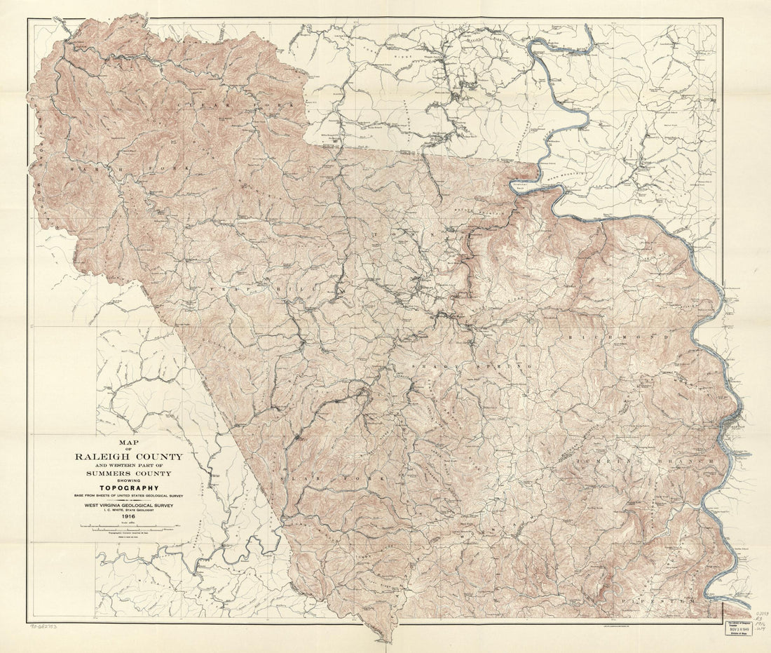 This old map of Map of Raleigh County and Western Part of Summers County Showing Topography from 1916 was created by West Virginia Geological and Economic Survey, I. C. (Israel Charles) White in 1916