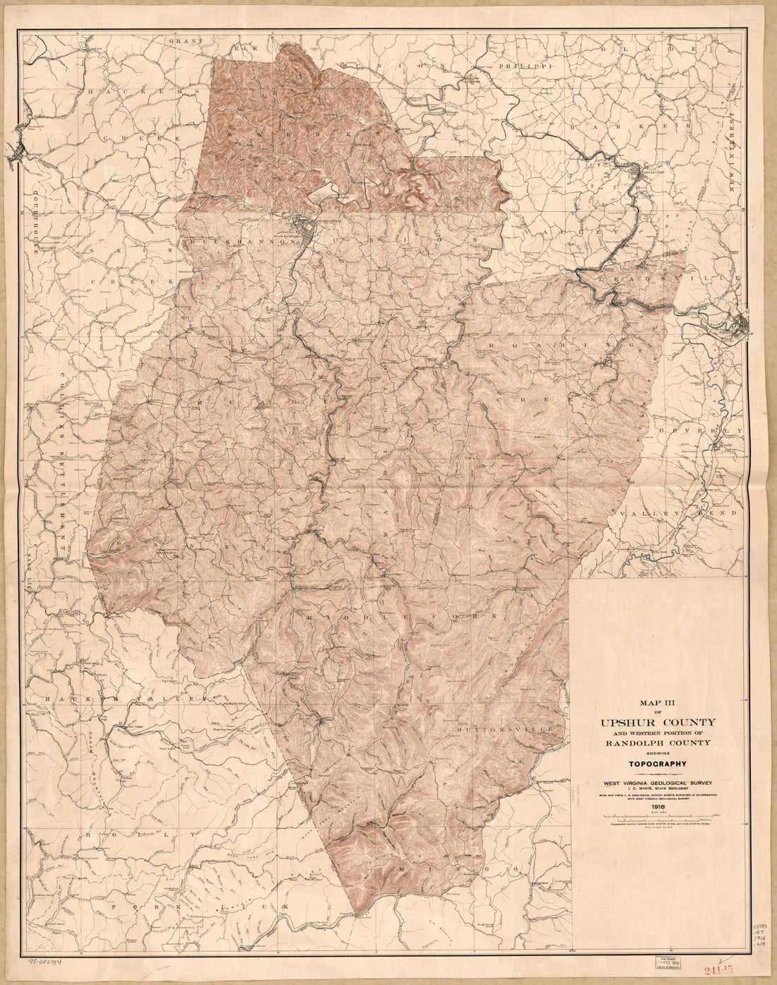 This old map of Map III of Upshur County and Western Portion of Randolph County Showing Topography from 1918 was created by West Virginia Geological and Economic Survey, I. C. (Israel Charles) White in 1918