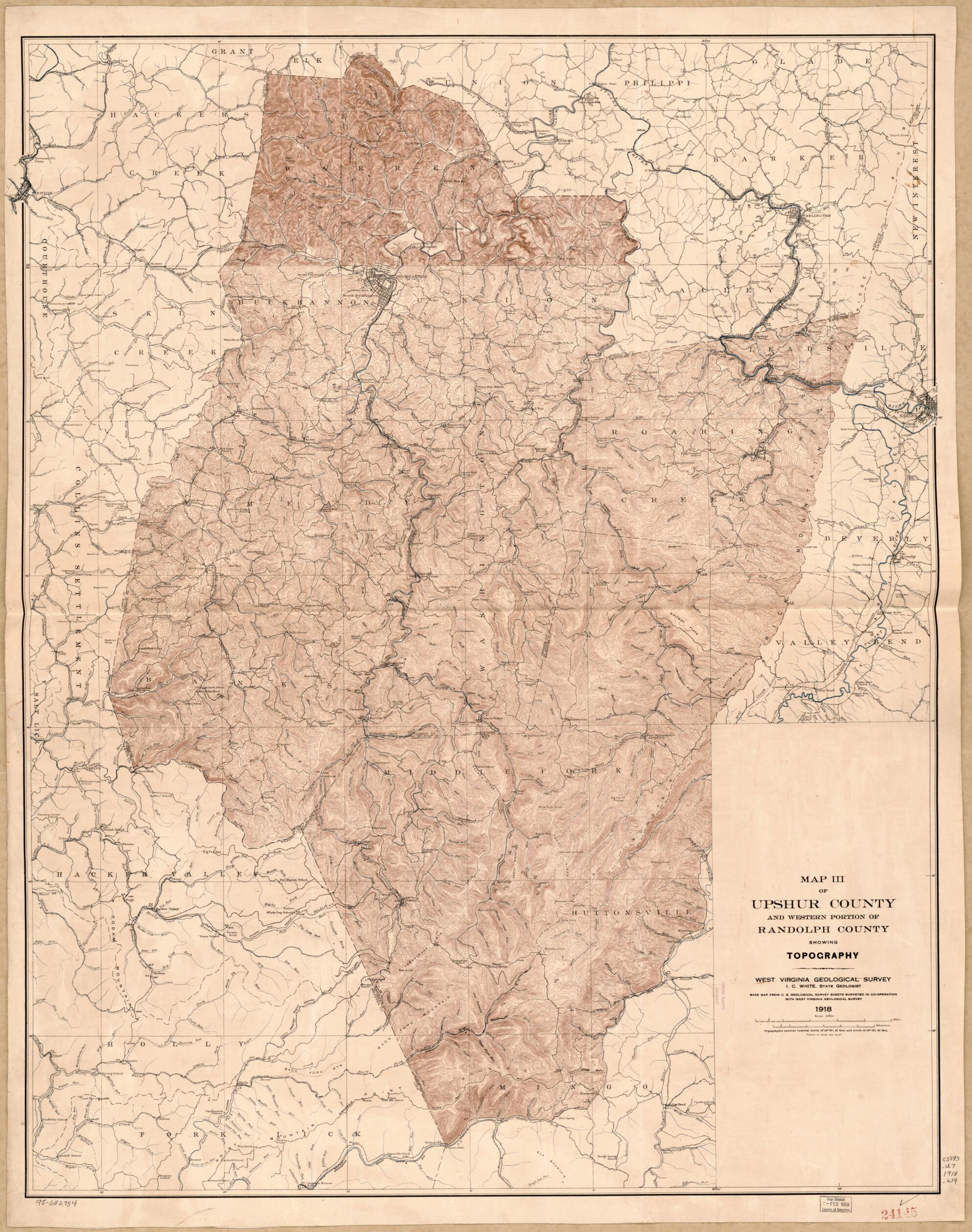 This old map of Map III of Upshur County and Western Portion of Randolph County Showing Topography from 1918 was created by West Virginia Geological and Economic Survey, I. C. (Israel Charles) White in 1918