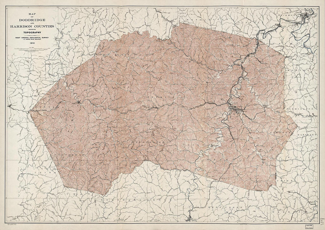 This old map of Map of Doddridge and Harrison Counties Showing Topography from 1912 was created by West Virginia Geological and Economic Survey, I. C. (Israel Charles) White in 1912