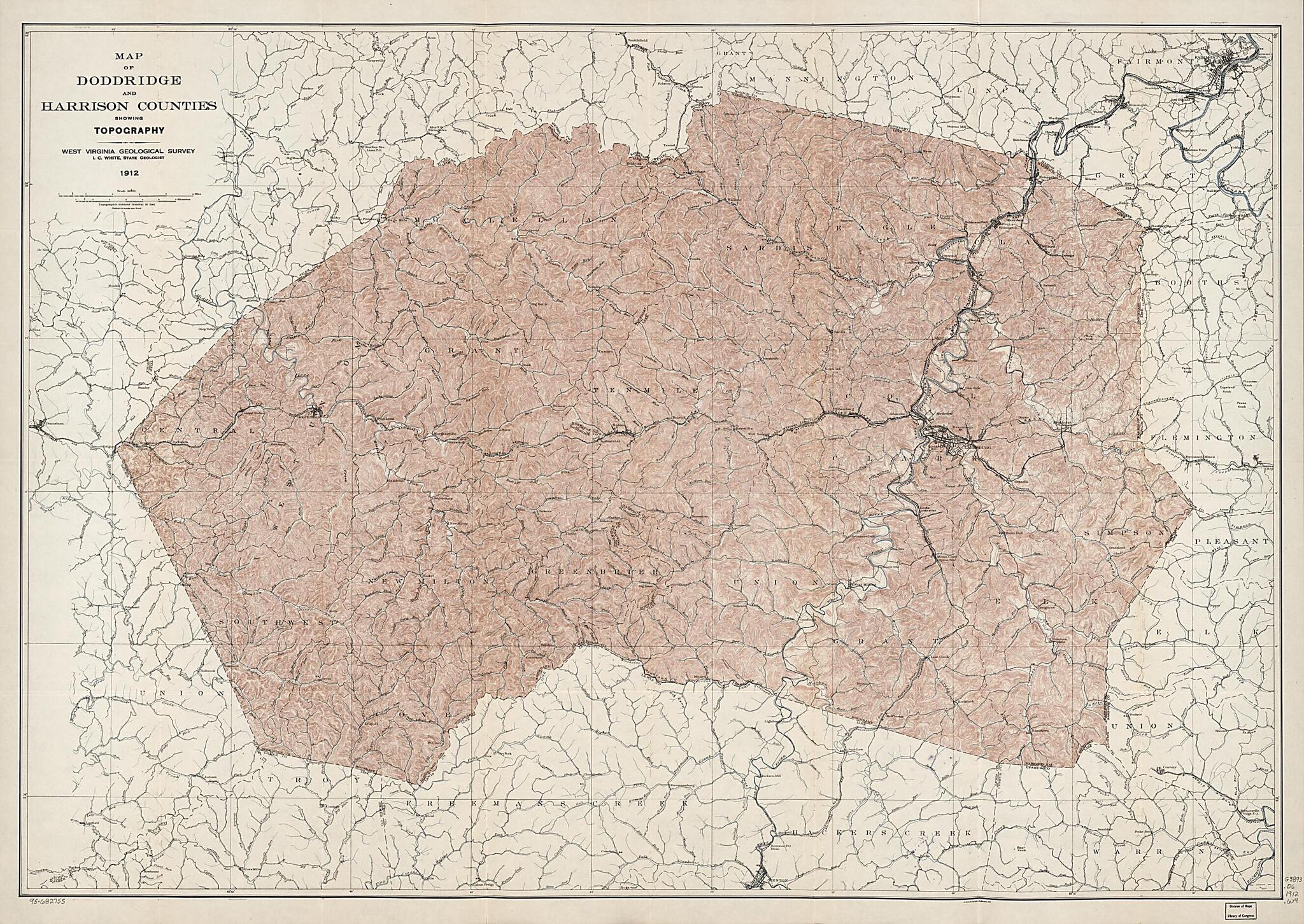 This old map of Map of Doddridge and Harrison Counties Showing Topography from 1912 was created by West Virginia Geological and Economic Survey, I. C. (Israel Charles) White in 1912