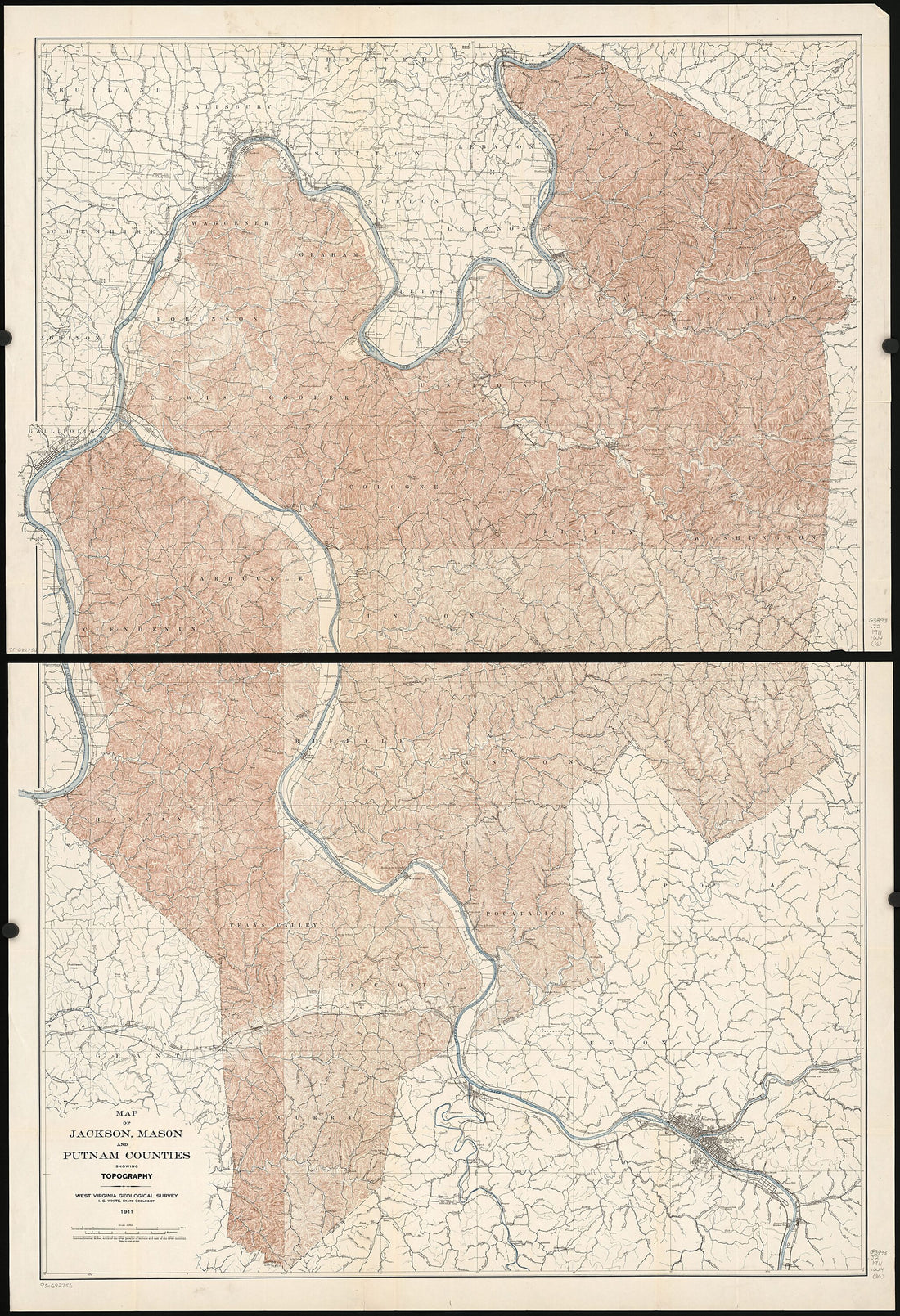 This old map of Map of Jackson, Mason, and Putnam Counties Showing Topography from 1911 was created by West Virginia Geological and Economic Survey, I. C. (Israel Charles) White in 1911