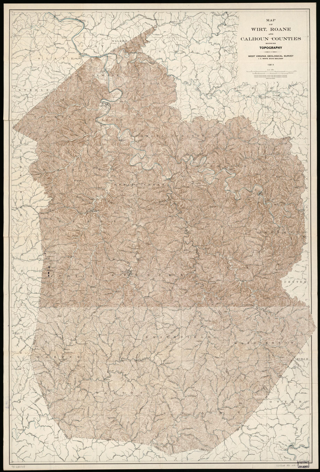 This old map of Map of Wirt, Roane, and Calhoun Counties Showing Topography from 1911 was created by West Virginia Geological and Economic Survey, I. C. (Israel Charles) White in 1911