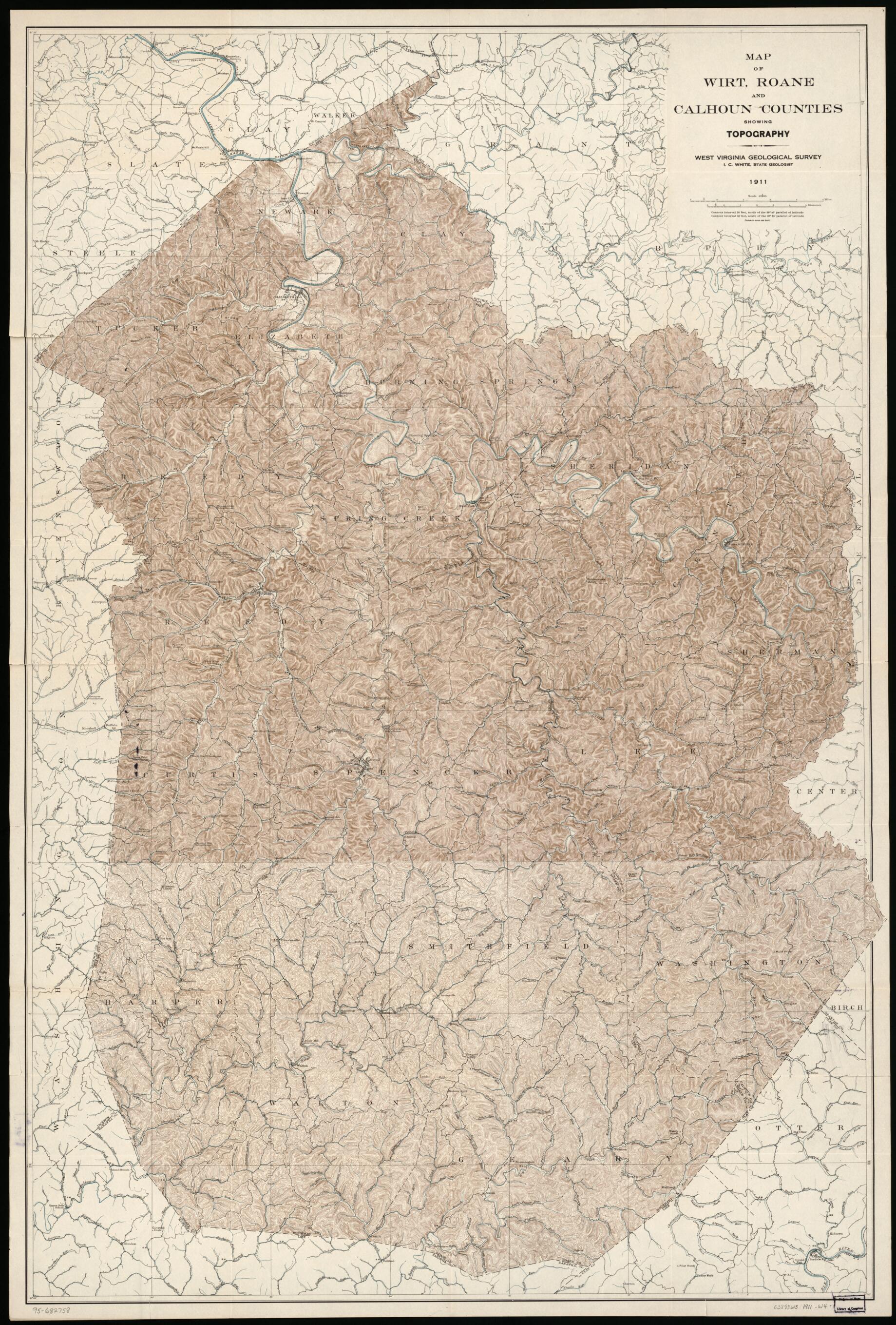 This old map of Map of Wirt, Roane, and Calhoun Counties Showing Topography from 1911 was created by West Virginia Geological and Economic Survey, I. C. (Israel Charles) White in 1911
