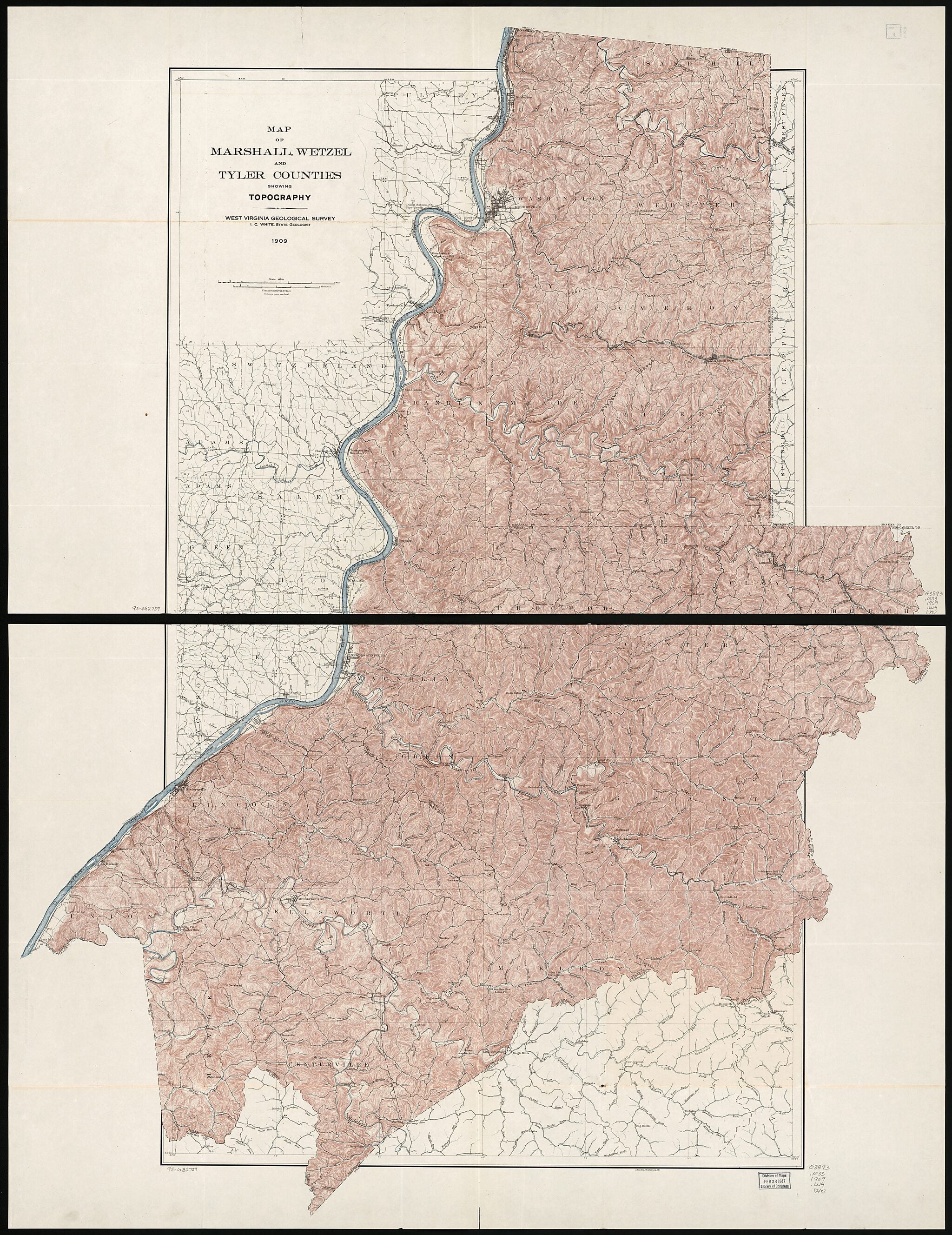 This old map of Map of Marshall, Wetzel, and Tyler Counties Showing Topography from 1909 was created by West Virginia Geological and Economic Survey, I. C. (Israel Charles) White in 1909