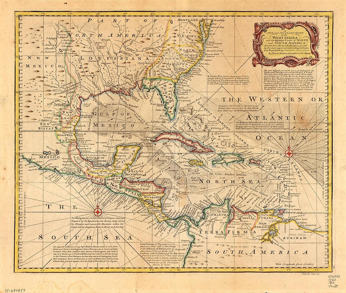 This old map of A New and Accurate Chart of the West Indies With the Adjacent Coasts of North and South America from 1720 was created by Emanuel Bowen, Jessica Lee in 1720