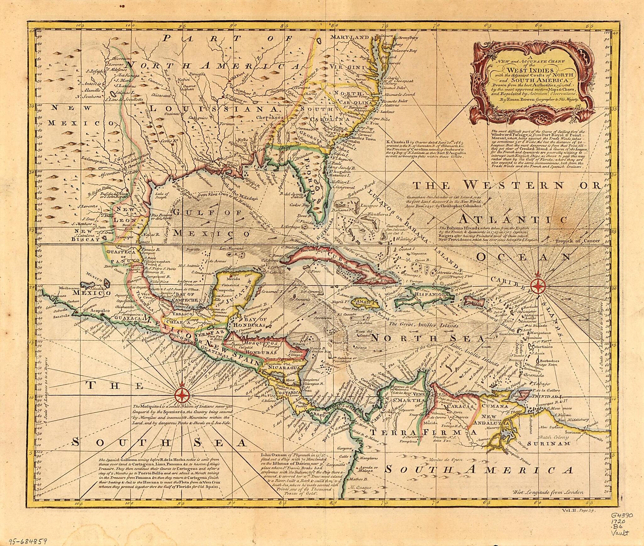 This old map of A New and Accurate Chart of the West Indies With the Adjacent Coasts of North and South America from 1720 was created by Emanuel Bowen, Jessica Lee in 1720