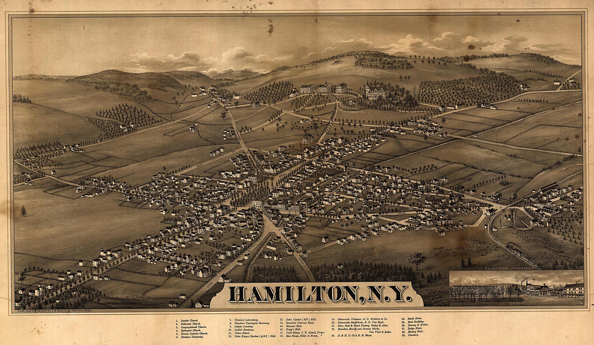 This old map of Hamilton, New York from 1885 was created by L. R. (Lucien R.) Burleigh, C.H. Vogt & Son in 1885