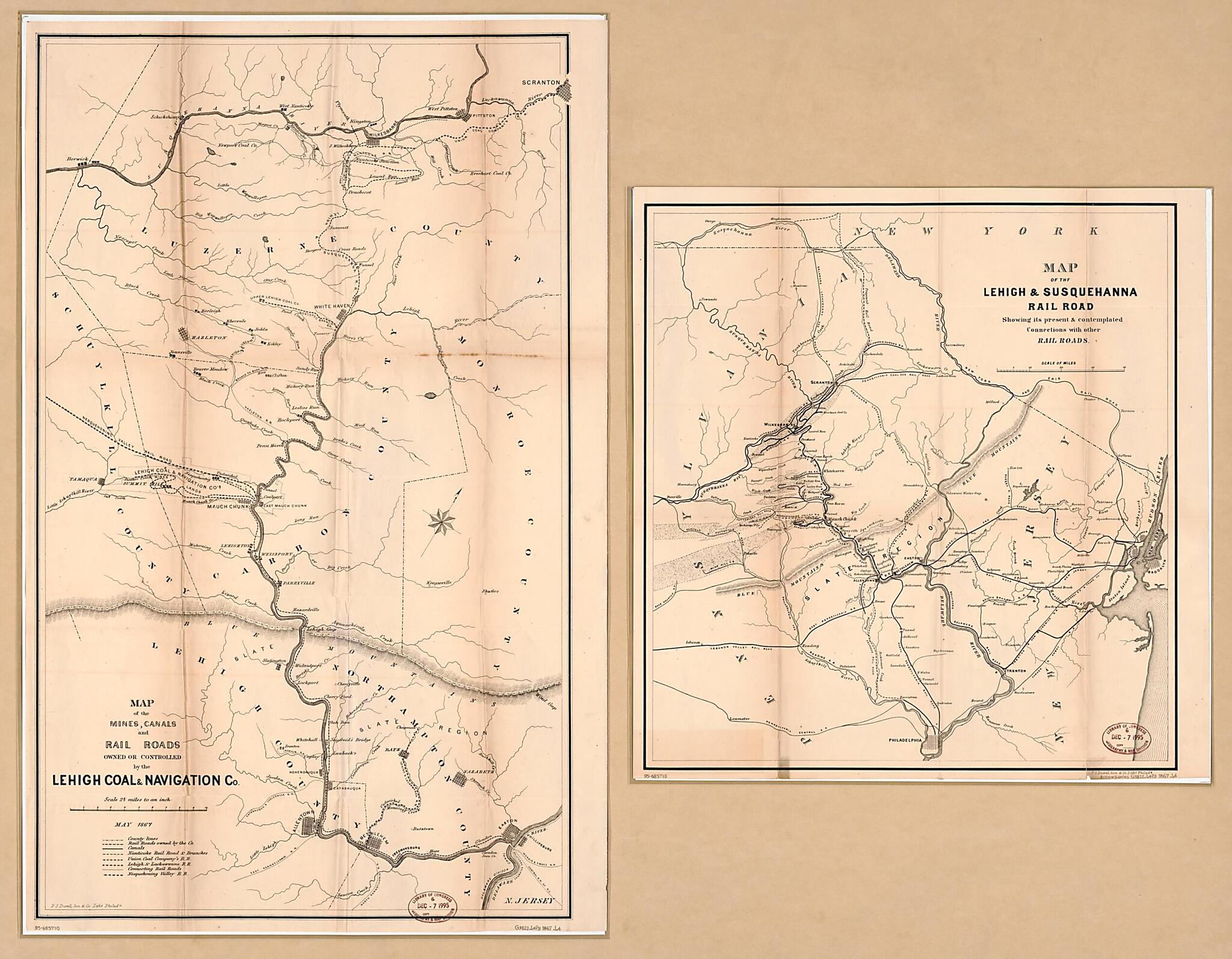 This old map of Map of the Mines, Canals, and Rail Roads Owned Or Controlled by the Lehigh Coal & Navigation County : Lehigh and Wyoming Valleys, Pennsylvania from 1867 was created by John C. Clark & Son, Lehigh Coal and Navigation Company, P.S. Duval