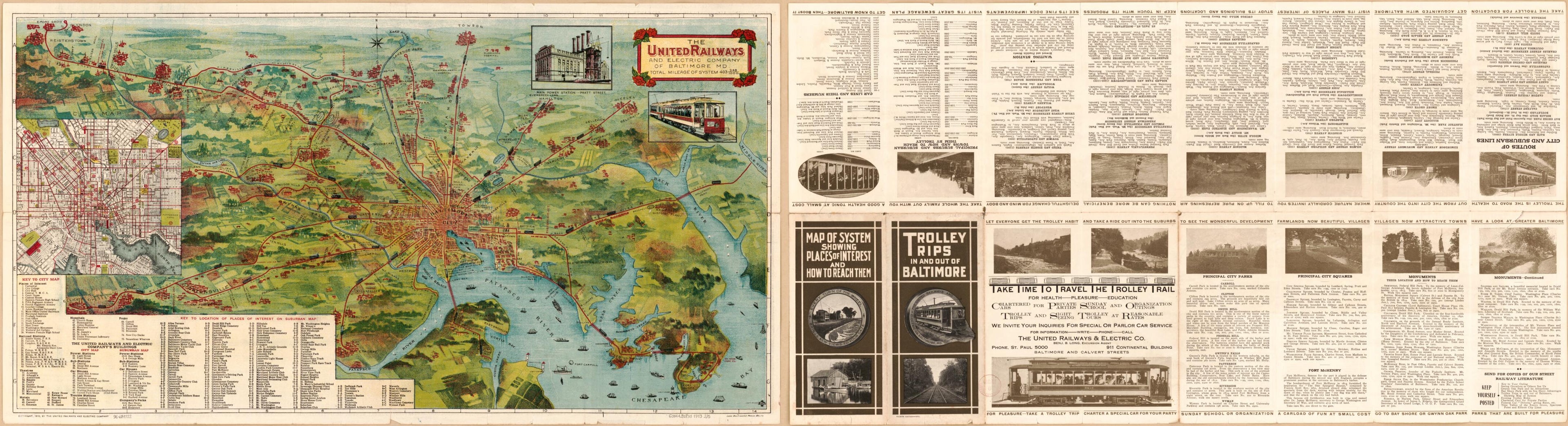 This old map of Trolley Trips In and Out of Baltimore : Map of System Showing Places of Interest and How to Reach Them from 1913 was created by United Railways and Electric Company in 1913