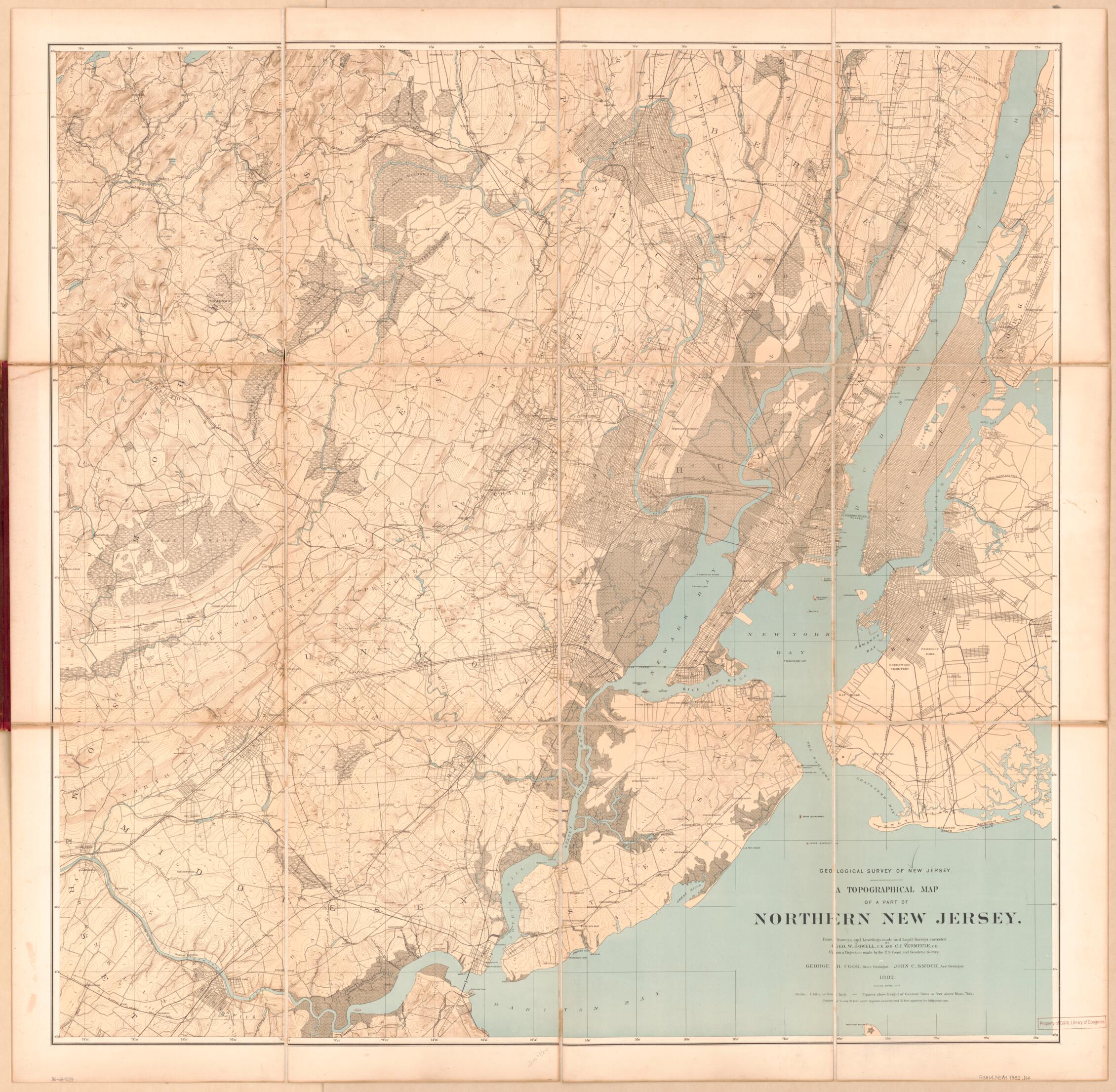 This old map of A Topographical Map of a Part of Northern New Jersey (Northern New Jersey, Map of Northern N.J.) from 1882 was created by George W. Howell, New Jersey Geological Survey, U.S. Coast and Geodetic Survey, C. C. (Cornelius Clarkson) Vermeul