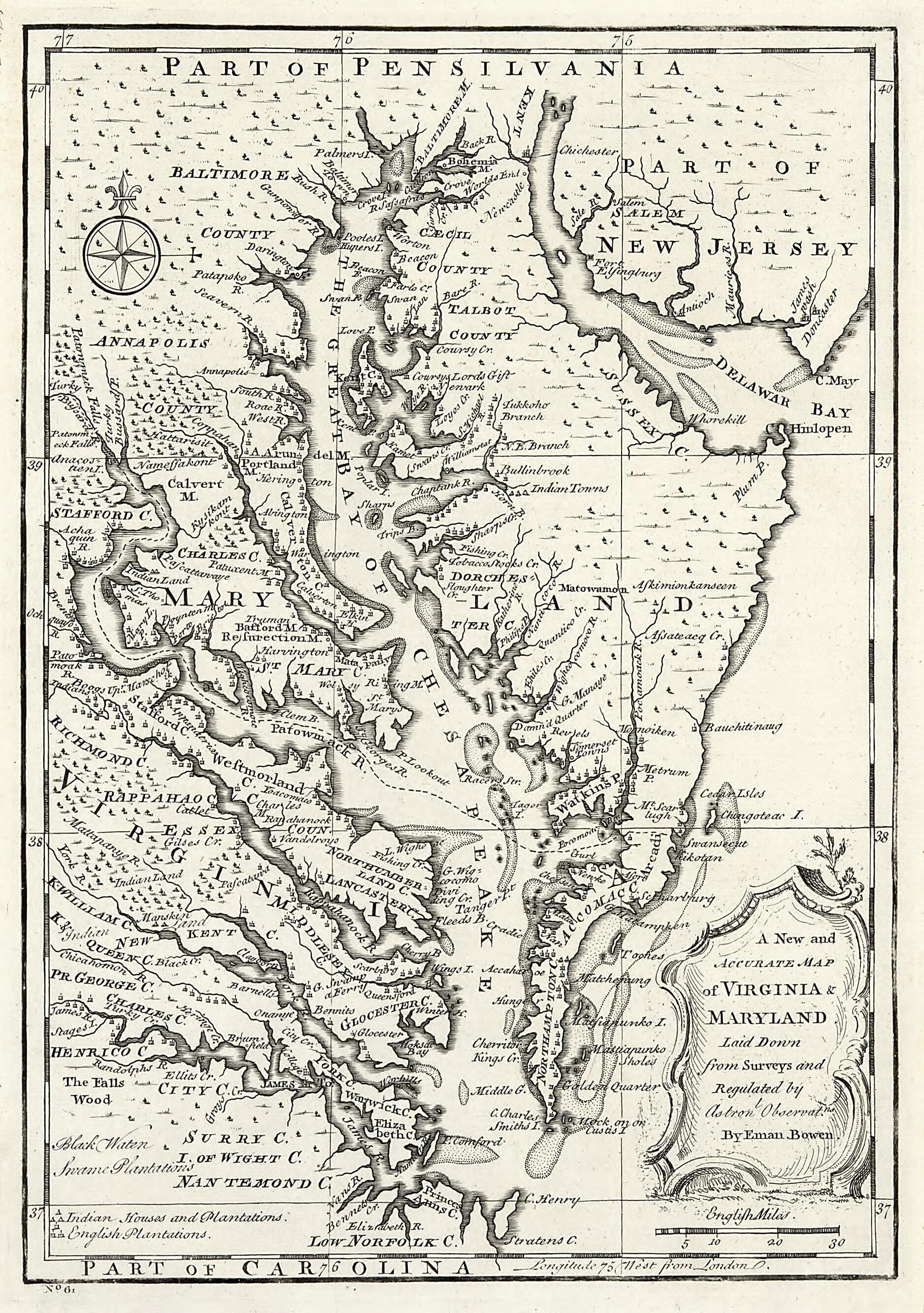 This old map of A New and Accurate Map of Virginia & Maryland : Laid Down from Surveys and Regulated Astronl. Observatns from 1752 was created by Emanuel Bowen in 1752