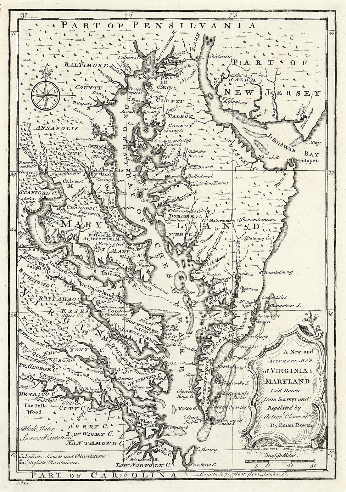 This old map of A New and Accurate Map of Virginia & Maryland : Laid Down from Surveys and Regulated Astronl. Observatns from 1752 was created by Emanuel Bowen in 1752
