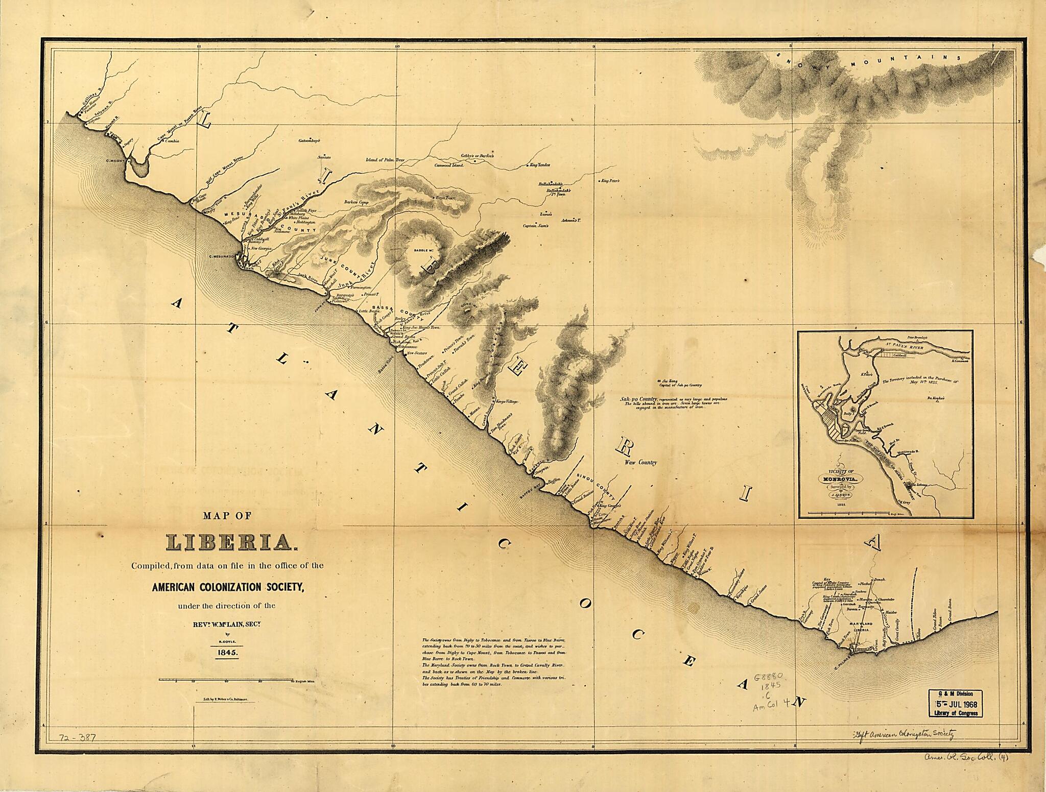 This old map of Map of Liberia from 1845 was created by J. (Jehudi) Ashmun, Randolph Coyle, Edward Weber & Co, W. (William) M&