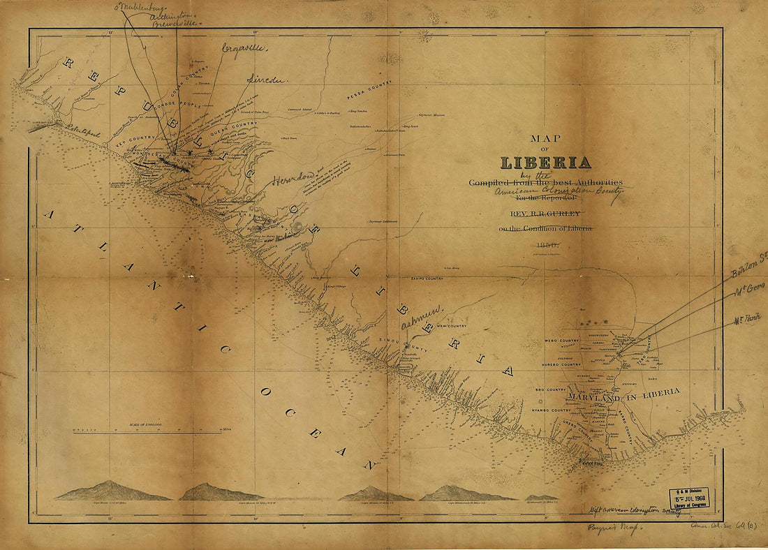 This old map of Map of Liberia from 1850 was created by American Colonization Society, Ralph Randolph Gurley in 1850