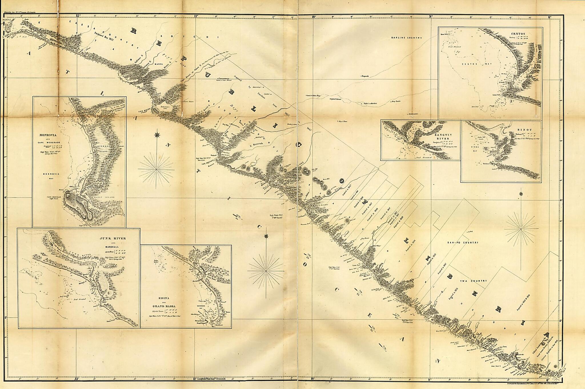 This old map of Republic of Liberia from 1853 was created by William Francis Lynch, United States. Navy Department in 1853
