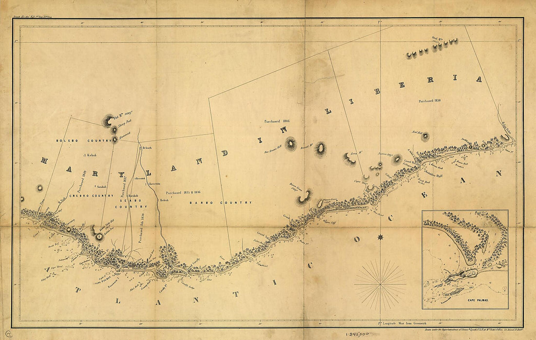 This old map of Maryland In Liberia from 1853 was created by William Francis Lynch, United States. Navy Department in 1853