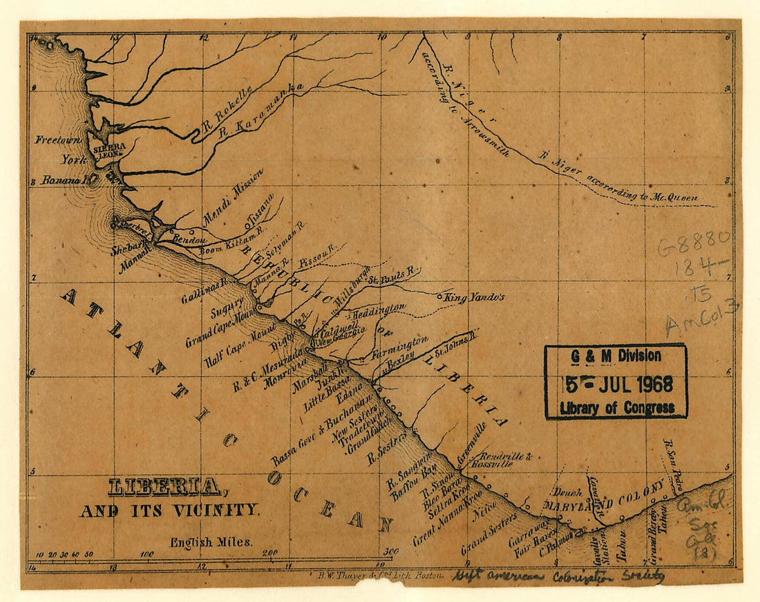 This old map of Liberia and Its Vicinity from 1840 was created by B.W. Thayer & Co in 1840