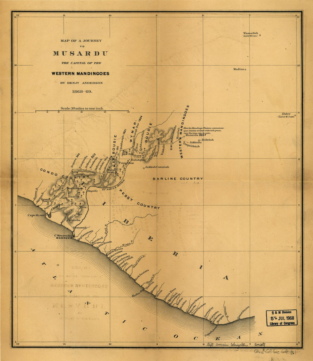 This old map of Map of a Journey to Musardu, the Capital of the Western Mandingoes from 1869 was created by Benjamin J. K. Anderson in 1869