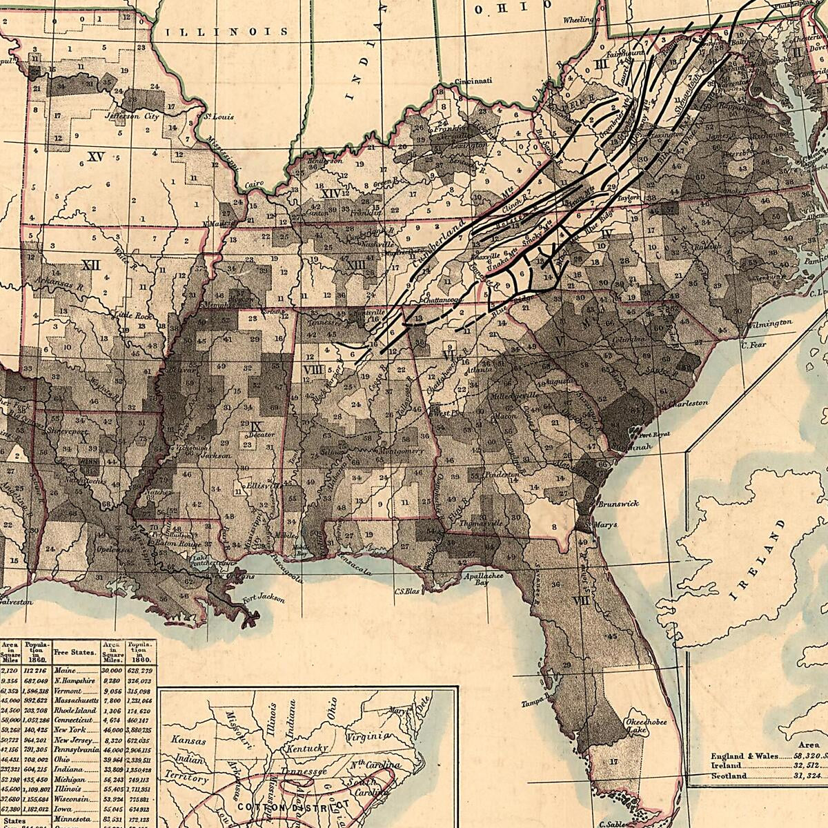 This old map of Map Showing the Distribution of Slaves In the Southern States from 1860 was created by A. Von (Adolph) Steinwehr in 1860