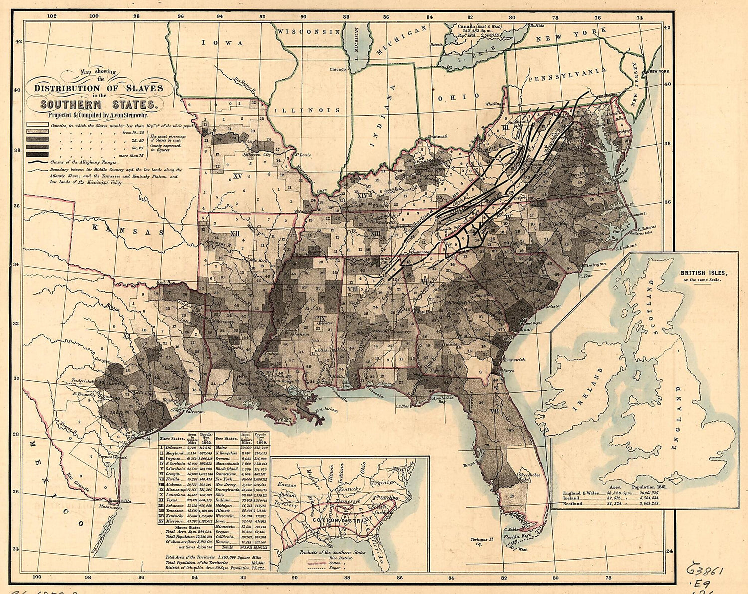 This old map of Map Showing the Distribution of Slaves In the Southern States from 1860 was created by A. Von (Adolph) Steinwehr in 1860