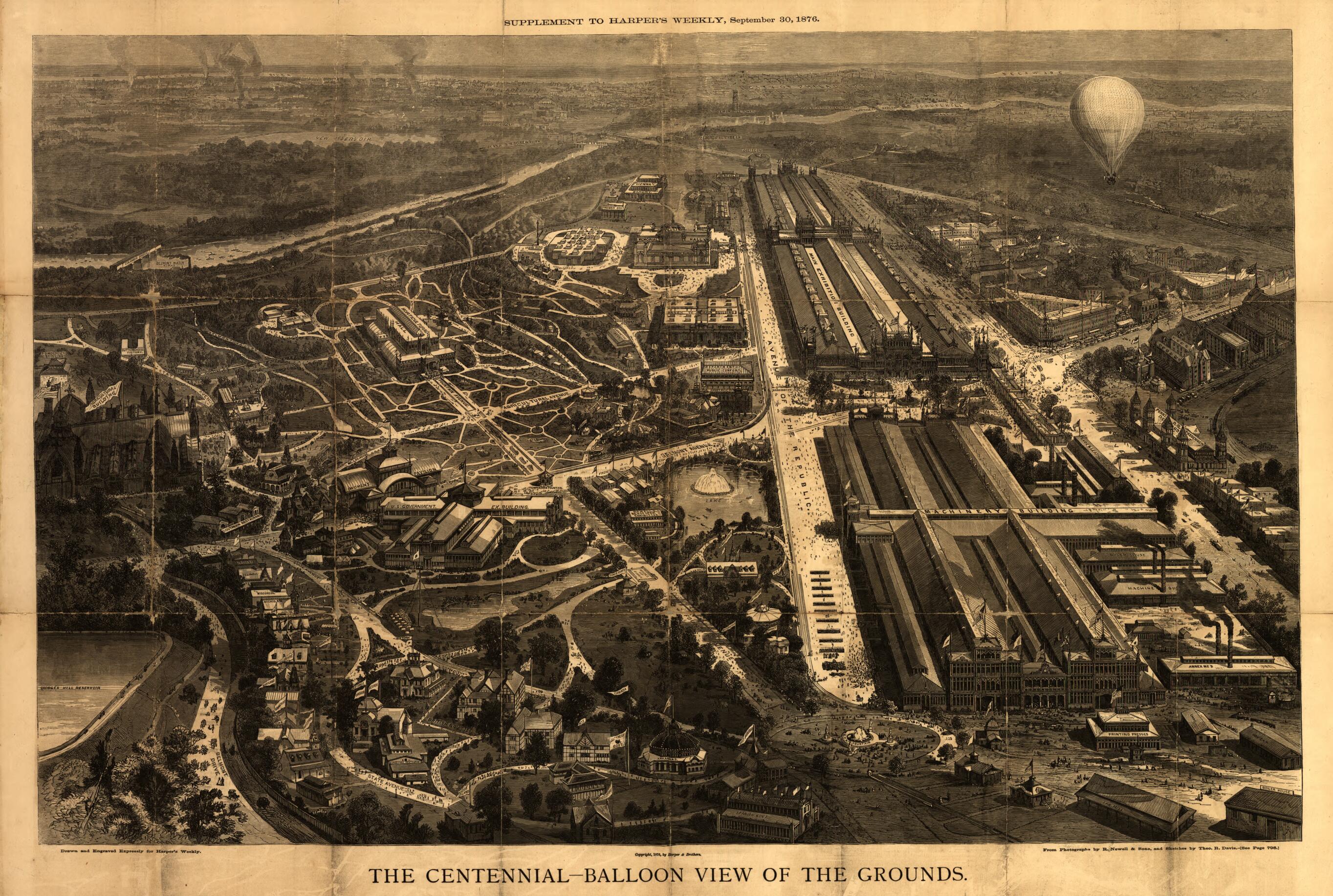 This old map of -balloon View of the Grounds : Centennial Exhibition at Philadelphia, from 1876 (Guide to the Centennial, Eye View of the Centennial Grounds) was created by Theodore R. Davis, Harper & Brothers, R. Newell & Son in 1876
