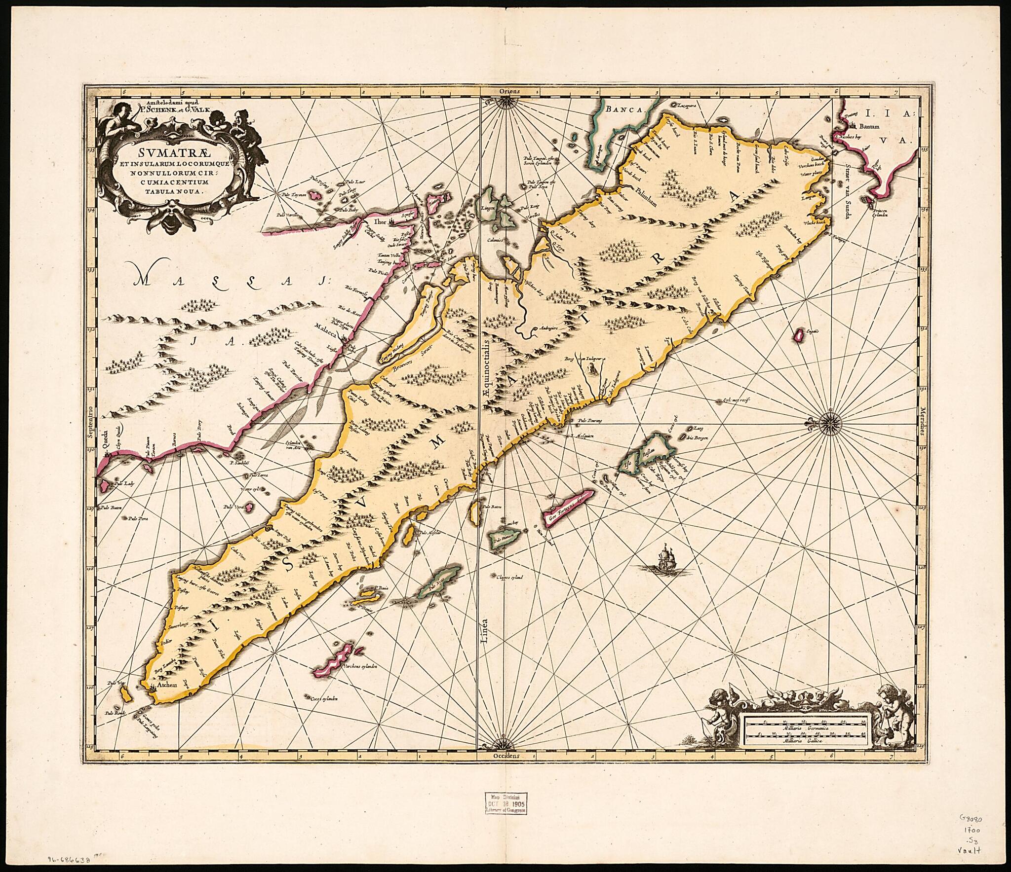 This old map of Svmatrae Et Insularum Locorumque Nonnullorum Circumiacentium Tabula Noua. (Sumatrae Et Insularum Locorumque Nonnullorum Circumiacentium Tabula Nova) from 1700 was created by Peter Schenk, G. (Gerard) Valck in 1700