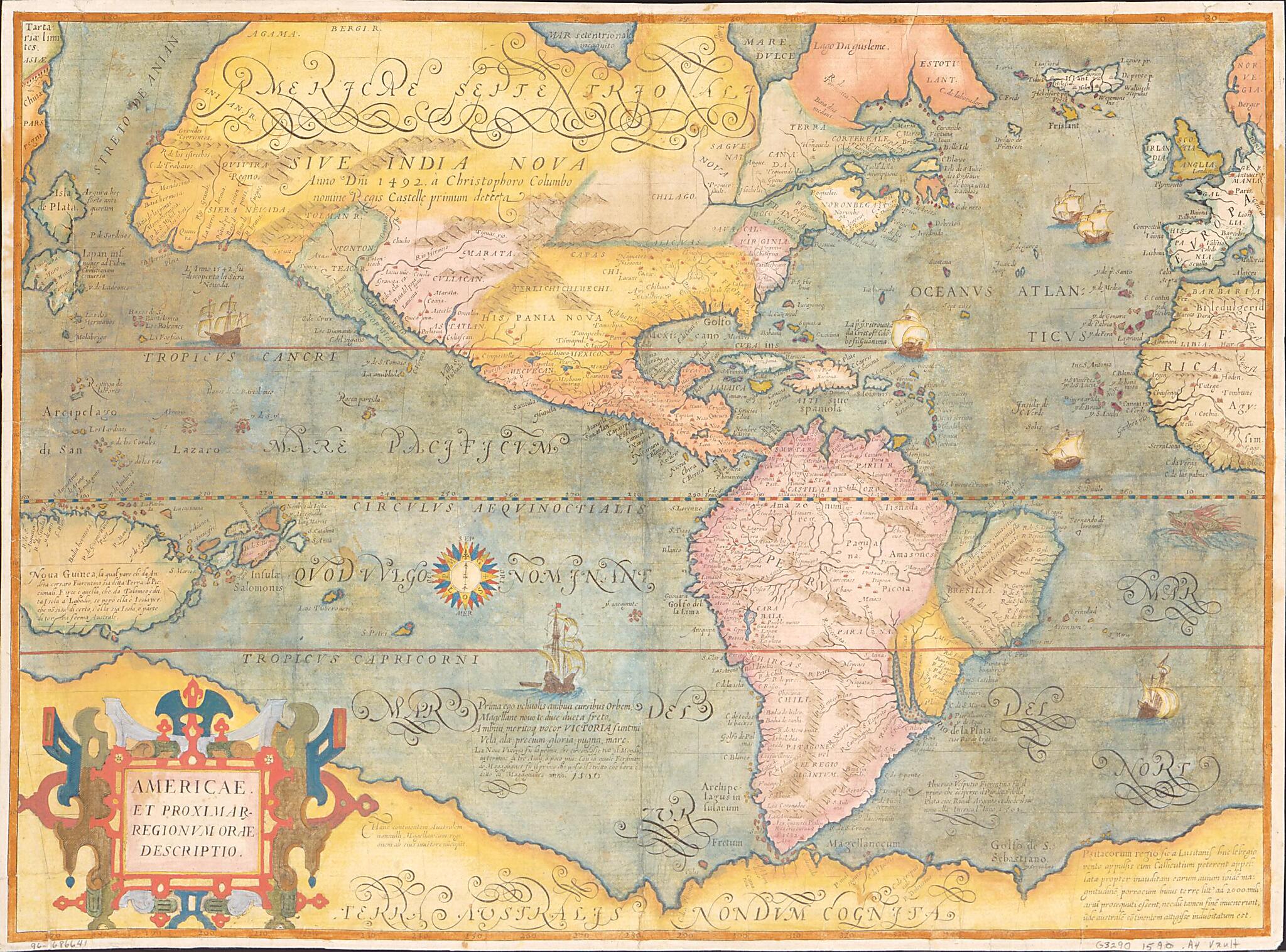 Americae Et Proximar Regionvm Orae Descriptio. (Americae Et Proximar Regionum Orae Descriptio) 1580 by Relic Map Company