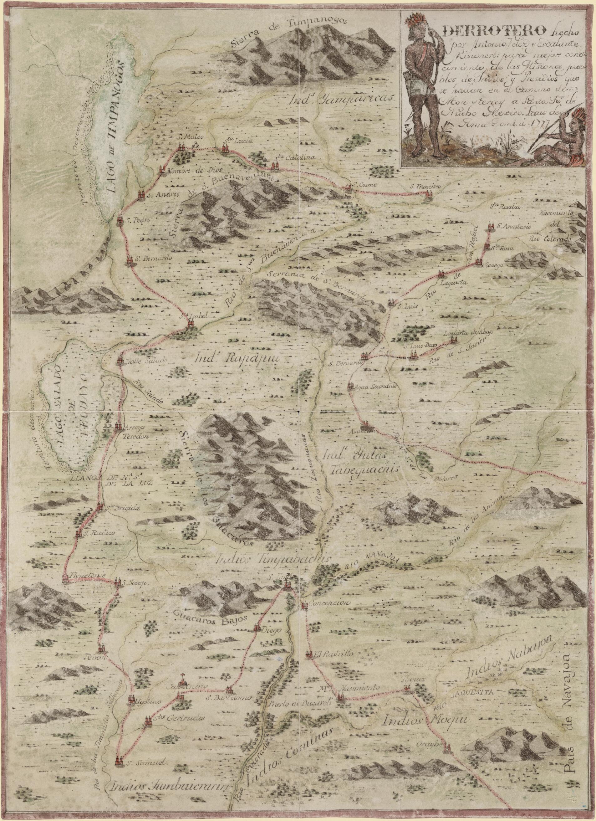 This old map of Derrotero Hecho Por Antonio Vélez Y Escalante, Misionero Para Mejor Conocimiento De Las Misiones, Pueblos De Indios Y Presidios Que Se Hallan En El Camino De Monterrey a Santa Fe De Nuebo Mexico from 1777 was created by Antonio Vélez Y