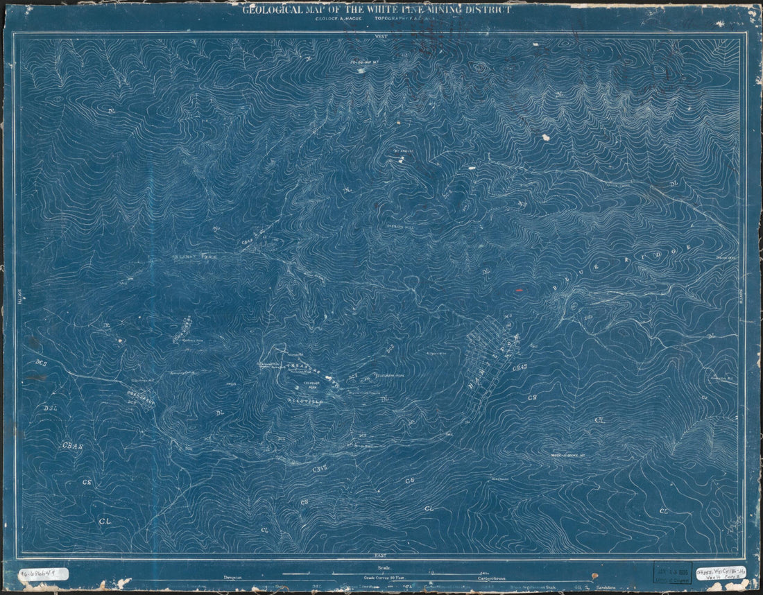 This old map of Geological Map of the White Pine Mining District from 1860 was created by F. A. Clark, A. (Arnold) Hague, Clarence King in 1860
