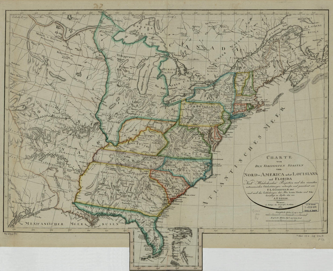 This old map of America Nebst Louisiana Und Florida : Nach Murdochischer Projection Und Den Neuesten Astronomischen Ortsbestimmungen from 1812 was created by A. F. (A. Frederick) Götze, F. L. (Franz Ludwig) Güssefeld in 1812
