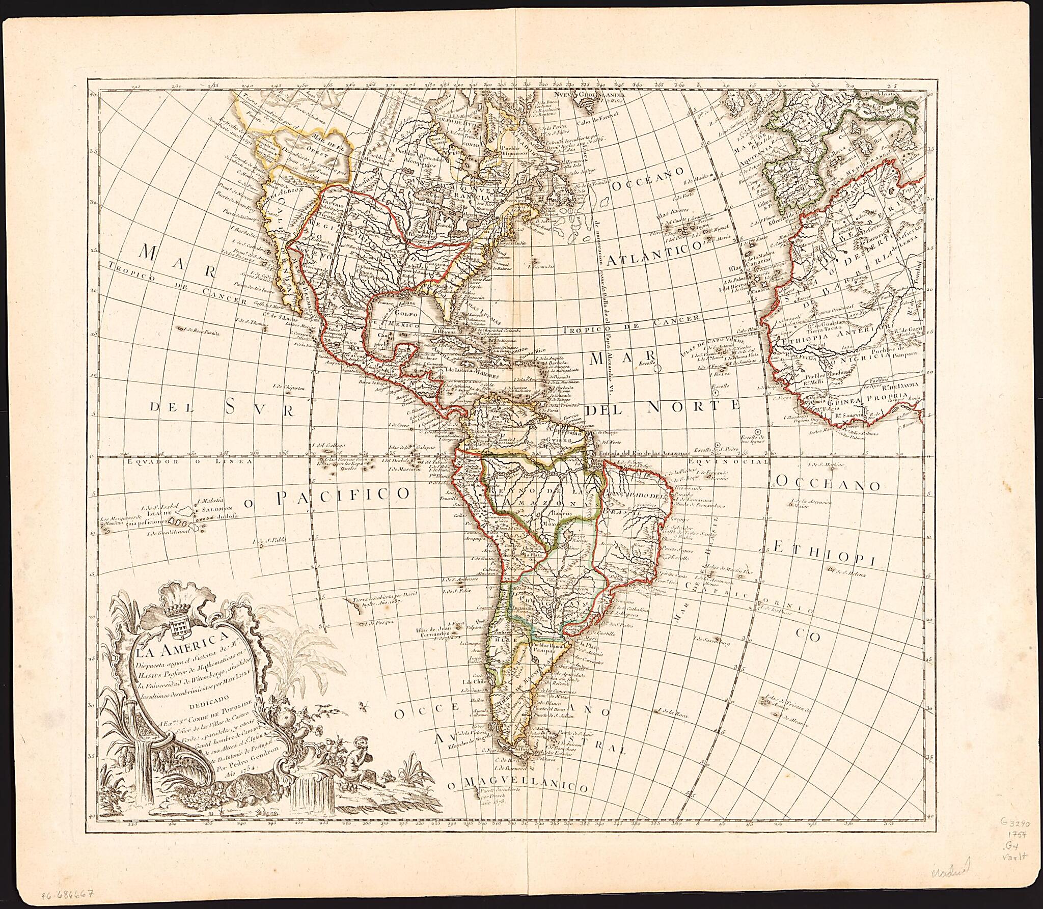 La America : Dispuesta Segun El Sistema De Mr. Hasius Profesor De Mathematicas En La Vniversidad De Witembergo, Añadidos Los Ultimos Descubrimientos Por M. De Lisle 1754 by Relic Map Company