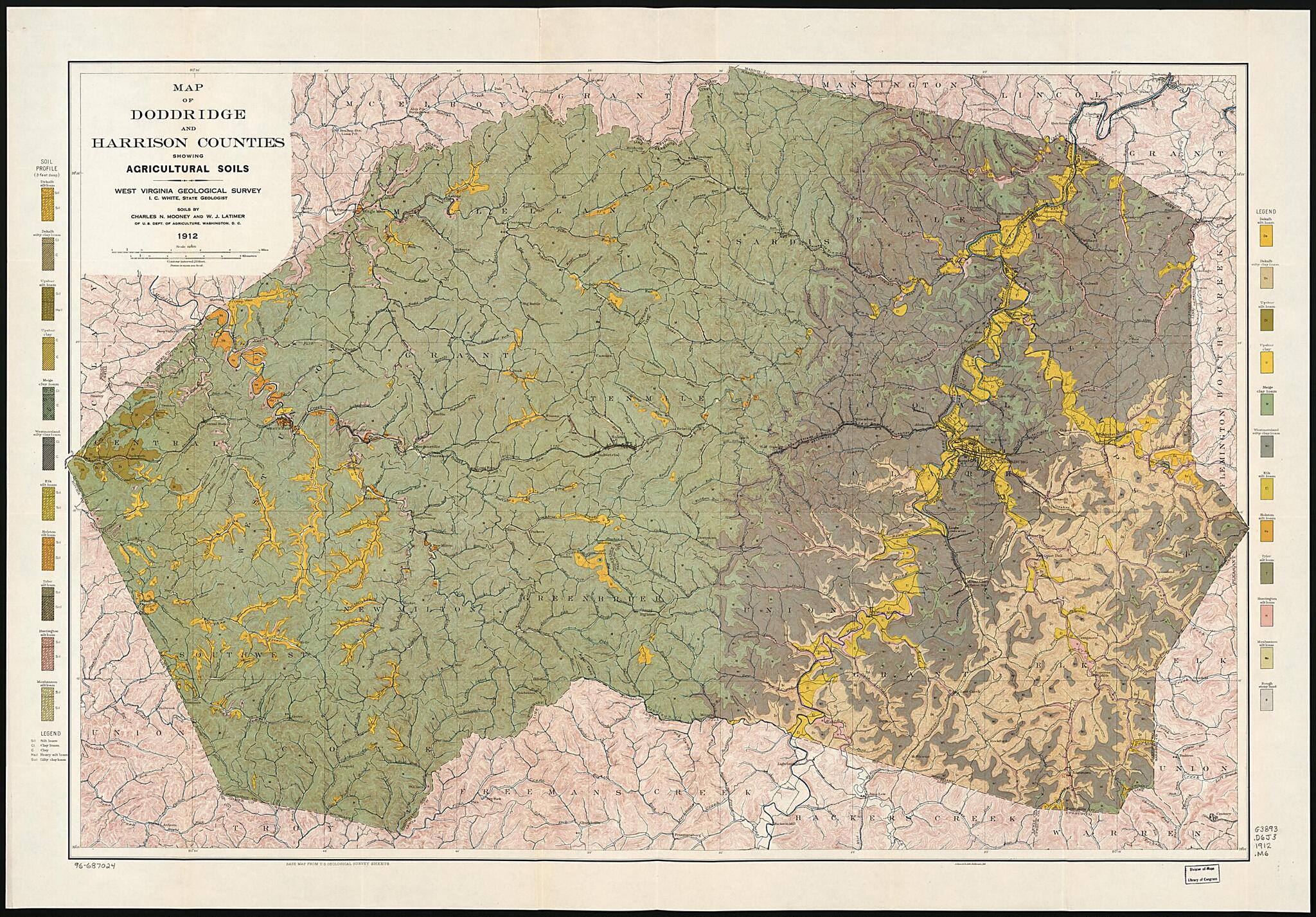 This old map of Map of Doddridge and Harrison Counties Showing Agricultural Soils from 1912 was created by W. J. (William James) Latimer, Charles N. Mooney, West Virginia Geological and Economic Survey, I. C. (Israel Charles) White in 1912