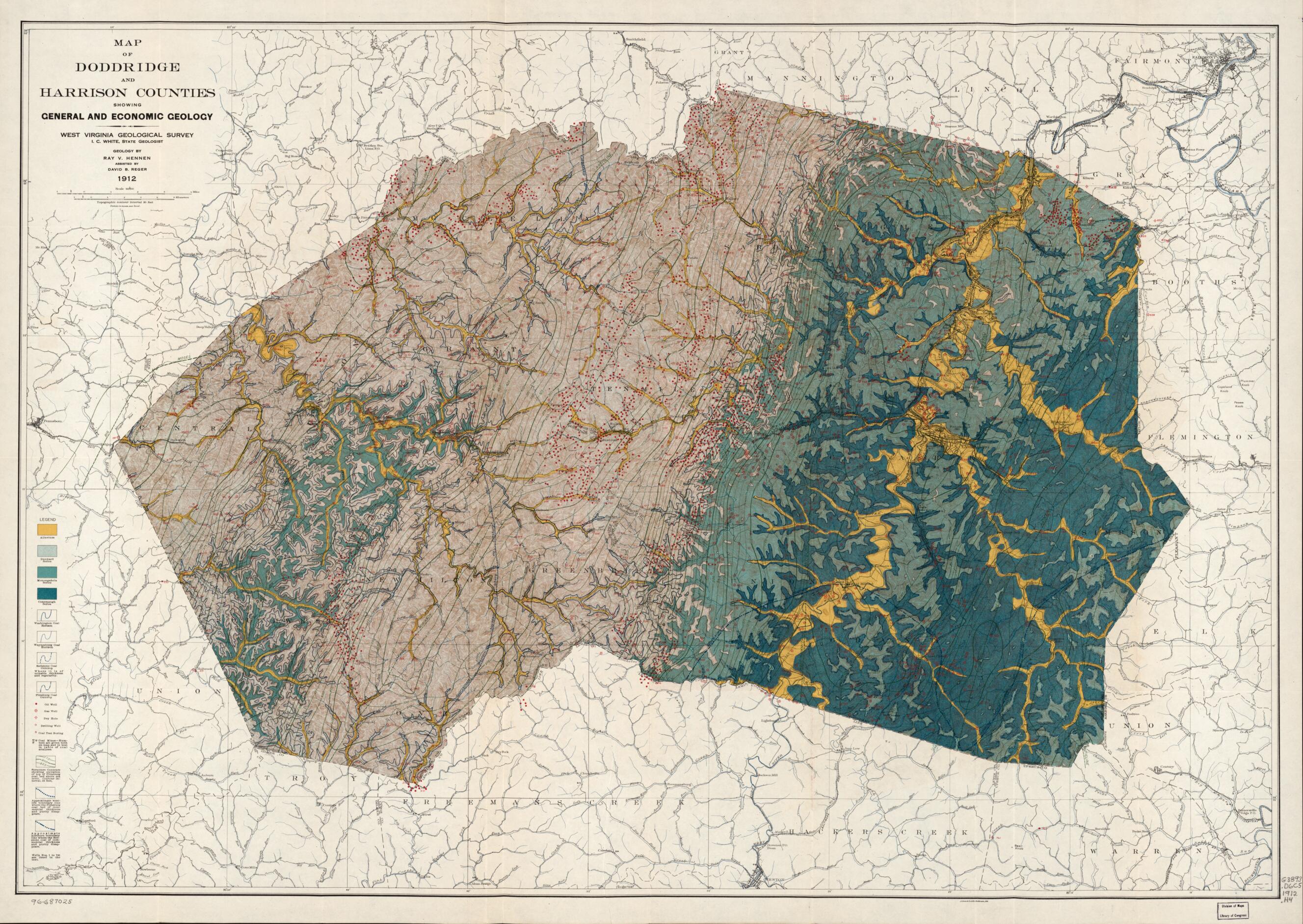 This old map of Map of Doddridge and Harrison Counties Showing General and Economic Geology from 1912 was created by Ray V. (Ray Vernon) Hennen, West Virginia Geological and Economic Survey, I. C. (Israel Charles) White in 1912