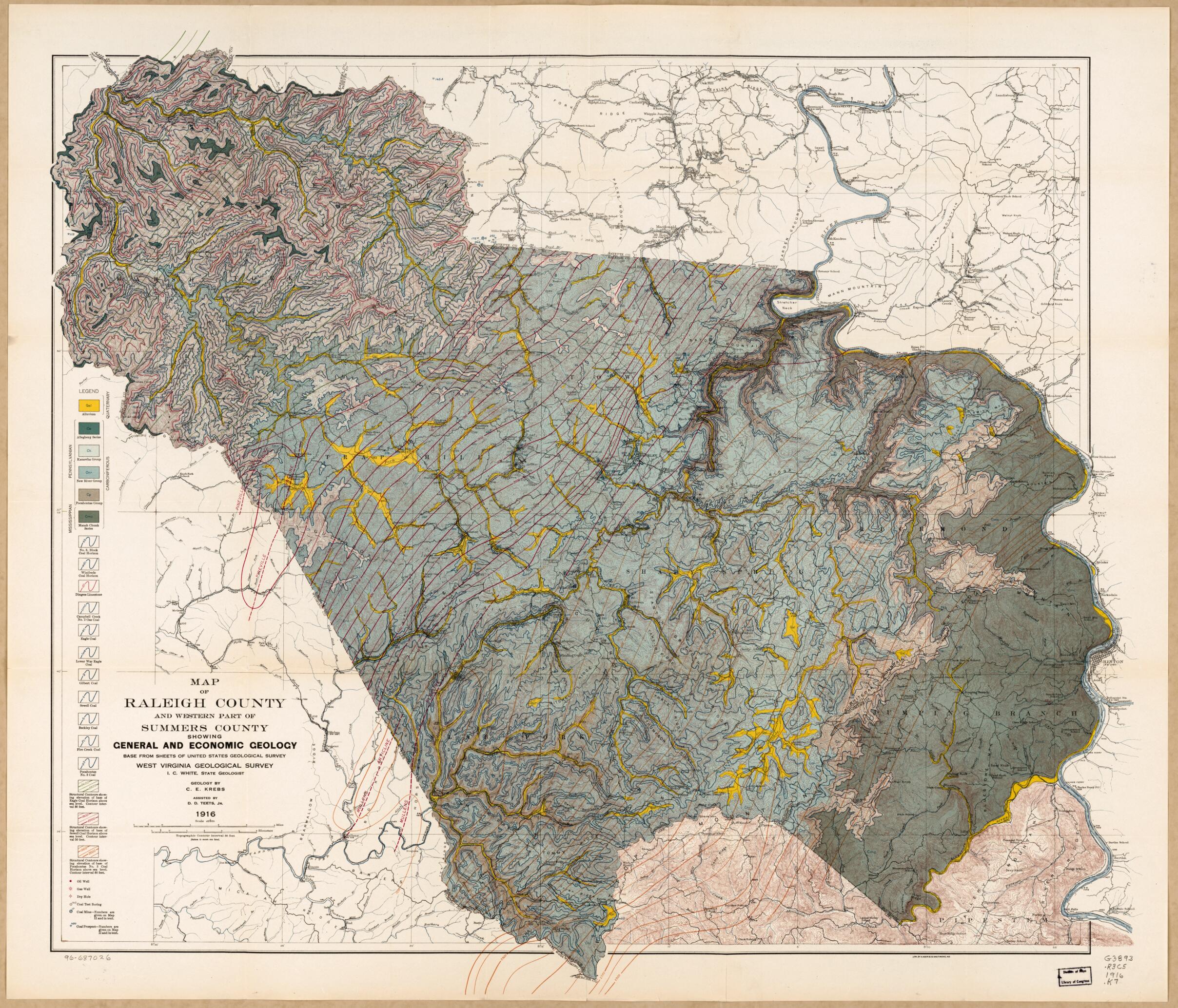 This old map of Map of Raleigh County and Western Part of Summers County Showing General and Economic Geology from 1916 was created by C. E. (Charles E.) Krebs, West Virginia Geological and Economic Survey, I. C. (Israel Charles) White in 1916