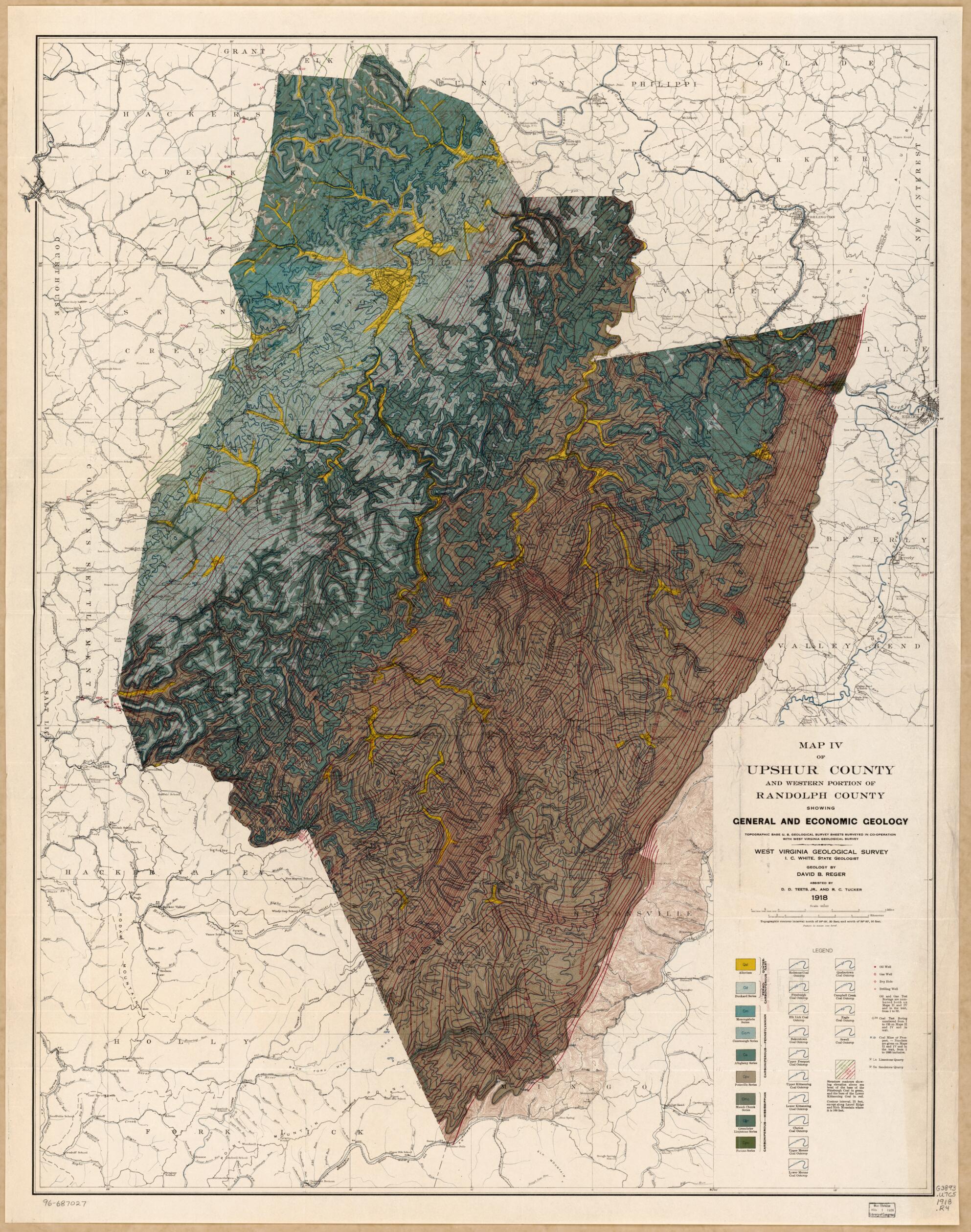 This old map of Map IV of Upshur County and Western Portion of Randolph County Showing General and Economic Geology (Upshur County and Western Portion of Randolph County Showing General and Economic Geology) from 1918 was created by David B. (David Brigh