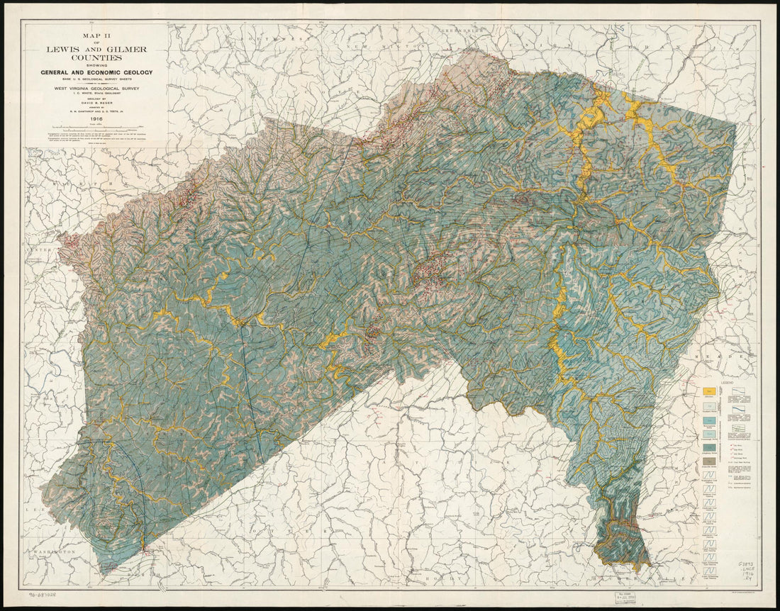 This old map of Map II of Lewis and Gilmer Counties Showing General and Economic Geology (Lewis and Gilmer Counties Showing General and Economic Geology) from 1916 was created by David B. (David Bright) Reger, West Virginia Geological and Economic Surve
