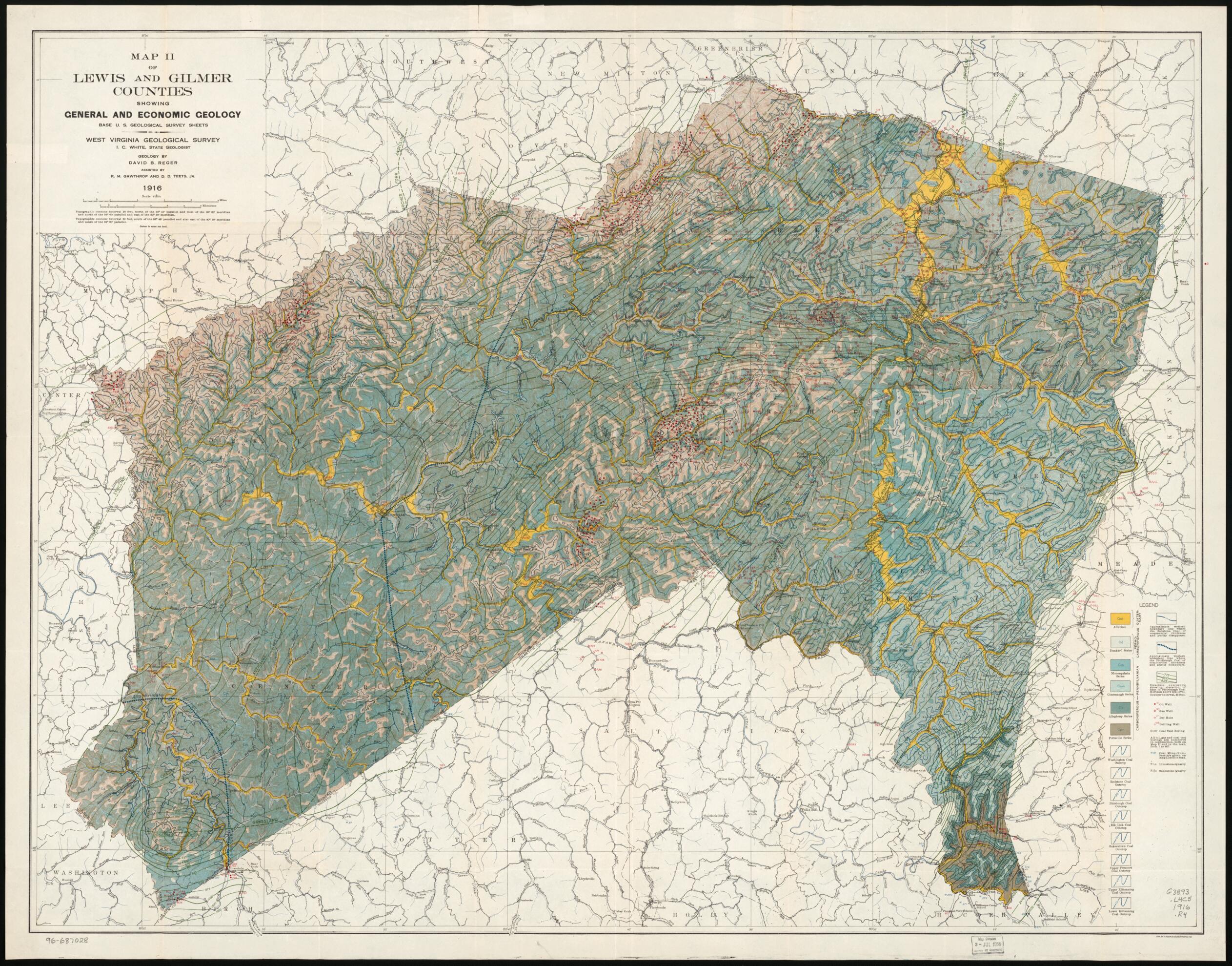 This old map of Map II of Lewis and Gilmer Counties Showing General and Economic Geology (Lewis and Gilmer Counties Showing General and Economic Geology) from 1916 was created by David B. (David Bright) Reger, West Virginia Geological and Economic Surve