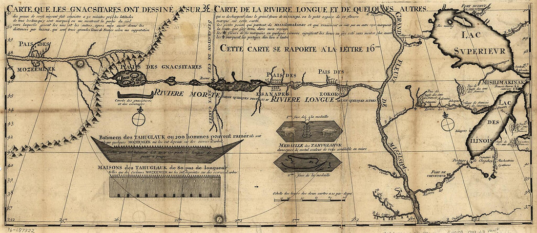 This old map of Carte De La Riviere Longue : Et De Quelques Autres, Qui Se Dechargent Dans Le Grand Fleuve De Missisipi sic.. ; Carte Que Les Gnacsitares : Ont Dessine Sur Des Paux De Cerfs.. (Carte De La Riviere Longue ; Carte Que Les Gnacsitares, Rivie