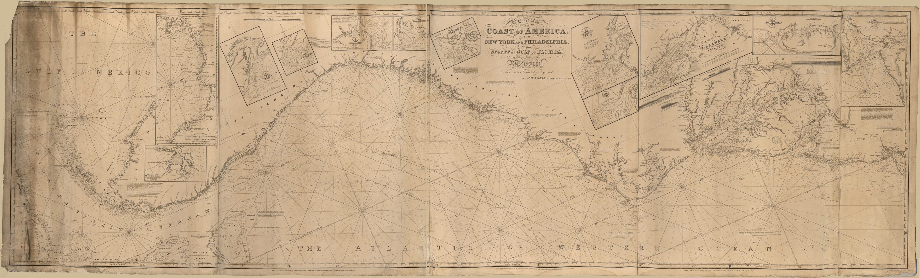 This old map of A Chart of the Coast of America : from New York and Philadelphia to the Strait Or Gulf of Florida, and from Thence to the Mississippi from 1837 was created by J.W. Norie & Co, J. W. (John William) Norie in 1837