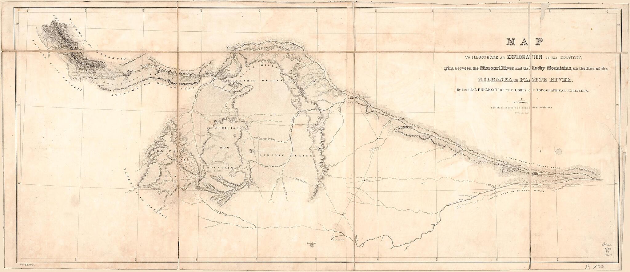 This old map of Map to Illustrate an Exploration of the Country Lying Between the Missouri River and the Rocky Mountains, On the Line of the Nebraska Or Platte River from 1842 was created by Edward Weber & Co, John Charles Frémont in 1842